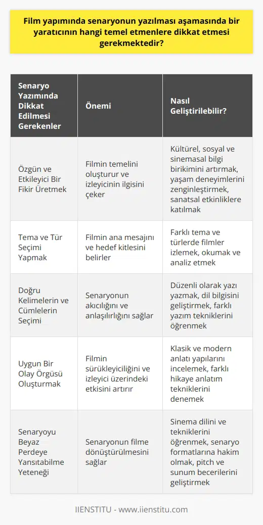 Sinema filmi yapımında, bir yaratıcının düş gücünü ve yeteneklerini en etkili bir şekilde kullanmasının en önemli aşamalarından biri, senaryonun yazılması sürecidir. Bu süreçte, çeşitli temel faktörlere dikkat edilmesi gerekmektedir. Son derece zorlayıcı olan bu aşama, kapsamlı bir ön bilgi, derin bir anlayış ve sürekli bir mesleki gelişim gerektirir. Yaratıcının belirli bir düzeyde deneyim ve bilgi birikimi edinmiş olması, bu süreçte büyük önem taşır.  Senaryonun yazılma aşamasında öncelikle, yaratıcının özgün ve etkileyici bir fikir üreterek, film konusunu belirlemesi gerekir. Fikir oluşturma süreci, bireyin kültürel, sosyal ve sinemasal bilgisiyle yakından ilgilidir ve yaratıcının yaşam deneyimlerine, geniş bir bilgi yelpazesi üzerinde düşünme yeteneğine ve yalnızca kitap okuma ve film izlemekle kalmayıp, aynı zamanda insanları ve dünyayı anlamaya yönelik araştırmalar yapma ve sanatsal etkinliklere katılma kapasitesine dayalıdır.   Fikir oluşturma sürecini takiben, yaratıcının tema ve tür seçimi yapması ve hikaye çerçevesini belirlemesi gerekmektedir. Filmin temelini oluşturan bu sürecin ardından, senaryonun yazılma aşaması başlar. Yaratıcının burada, çok çeşitli kaynaklardan – önceden yapılmış işler, yazılmış hikayeler, yaşanan anılar, hatta kendi hayalleri – yola çıkarak oluşturduğu fikrini somutlaştırıp yazıya dökmesi gerekmektedir.  Bu süreçte, doğru kelimelerin ve cümlelerin seçimi, uygun bir olay örgüsü, karakter seçimleri ve çatışmanın doğru bir şekilde tanımlanması gibi önemli unsurların dikkate alınması gerekir. Bu aşamayı daha kolay hale getirebilmek için, yaratıcının düzenli olarak yazı yazması ve yazma yeteneği üzerine yoğunlaşması önemlidir. Bu sayede, yaratıcı ilerleyen aşamalarda filmi için destek bulabilme olasılığını artıracaktır.  Sonrasında ise senaryo, beyaz perdeye yansıtılabilir hale getirilir. Bu da senaryonun özünün ve içeriğinin, filmi çekecek veya finanse edecek olan diğer kişilere ikna edici bir biçimde sunulması anlamına gelir. Unutmayın ki, Alfred Hitchcock’un da dediği gibi “İyi bir filmin ortaya çıkması için üç şey gerekir; senaryo, senaryo ve senaryo.”  Nihayetinde, bir yaratıcının sinema filmi yapımında senaryonun yazılması aşamasında dikkate alması gereken temel faktörler; geniş kapsamlı bir bilgi birikimi, sürekli bir mesleki gelişim, özgün ve etkileyici bir fikir oluşturma yeteneği, tema ve tür seçimine dikkat, yazma yeteneği üzerine yoğunlaşma ve en nihayetinde yazdığı senaryoyu beyaz perdeye yansıtabilme yeteneği olarak özetlenebilir. Bu etmenlerin tümü, kaliteli bir film yapımının temel yapıtaşlarını oluşturur.