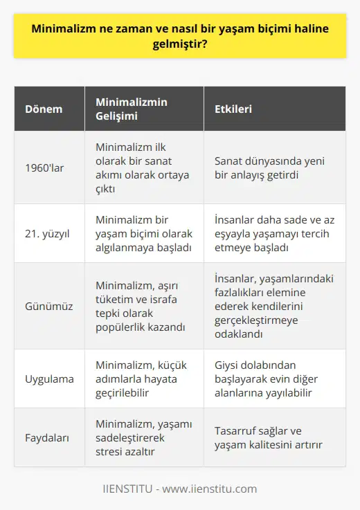 , ilk kez 1960larda adını duyuran bir sanat akımı olarak ortaya çıkmıştır. Ancak günümüzde bu akım sadece sanatın bir dalı olmaktan çıkmış, geniş bir anlam ifade eder hale gelmiştir. Hatta 21. yüzyılda bu kavramın bir yaşam biçimi olarak algılandığını söyleyebiliriz. Hayat daha sade ve nesnelere dayanan bir yaşam tarzını paylaşmaktadır. Elbette, bu saklandığı evler, eşyalar veya insanlardan sadece minimum anlamına gelmez. bir hayat biçimine dönüşmüş ve sadece en önemli nesnelerle yaşayan bir dünya vatandaşı kavramını yaratmıştır. Birçok ünlü kişi ve zengin insan artık bu yaşam tarzını benimsemekte ve bu tasarruf edilen zamandan dolayı mütevazı bir hayat sürmektedir. , insanların giderek daha fazla ürün ve na tepkisi olarak ortaya çıkmıştır. Fazla tüketim, efsaneye dönüşen ve sonunda insanları mutsuz eden bir durum haline gelmiştir. , insanların yaşamlarındaki fazlalıklarla karşı karşıya geldiği, kendilerini değerlendirdiği ve daha az eşyayla daha çok yaşamaya karar vermeye başladığı bir noktadaydı. Bu, az daha çoktur veya az ve öz felsefesini benimseyen daha fazla insanın doğmasına yol açtı. Elbette , hepsini çöpe atmak anlamına gelmiyor. Hepsinden önce, tarzı hayatımızdan gereksiz fazlalıkları silmeyi hedefler. Bu sadeleştirme süreci aynı zamanda kişinin kendini tanımasına ve kendini gerçekleştirmesine yardımcı olur. Fazla tüketim, stres ve düzensizlikten doğan problemler ortadan kalkar. Bu durum, yaşam alanının düzenli, daha az stresli ve huzurlu hale gelmesini sağlar. Öyle ki, tasarruftan daha büyük bir avantaj haline gelir. Öte yandan, minimalizm bir anda benimsenmesi zor bir yaşam tarzıdır. Bu yüzden uzmanlar küçük adımlarla başlamayı önerir. Mesela dolaptan kıyafetleri atmak yerine, giyecek kıyafetleri dikkatli bir şekilde seçmeye başlayabilirsiniz. Daha sonra, giymediğiniz kıyafetlerden yavaş yavaş kurtulabilirsiniz. Ardından, bu sadeleştirme sürecini evin diğer kısımlarına da uygulayabilirsiniz. Böylece minimalizmi yaşam tarzı olarak benimsemek daha kolay hale gelecektir. Sonuçta, minimalizm giderek daha fazla insanın benimsediği bir yaşam biçimi haline gelmiştir. Bu yaşam tarzı, sade ve özenle seçilmiş nesnelerle yaşamayı hedefler ve insanların hayatlarını daha kaliteli hale getirir. Gerek tasarruftan gerekse yaşamın basitleştirilmesinden doğan faydalar sayesinde, bu yaşam tarzı giderek daha popüler hale gelmiştir.