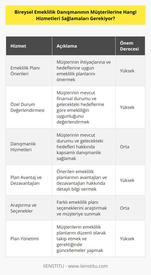 Bireysel emeklilik danışmanları, müşterilerine çeşitli hizmetler sağlamalıdır. Bunlar arasında; emeklilik planı hakkında öneriler, emekliliğin müşterinin özel durumuna uygun olup olmadığının değerlendirilmesi, müşterinin mevcut durumu ve gelecekteki hedefleri hakkında danışmanlık, önerilen planların avantaj ve dezavantajları hakkında bilgi vermek, araştırma yapmak, farklı seçenekleri araştırmak ve müşterilerin emeklilik planlarını yönetmek gibi hizmetleri içerebilir.