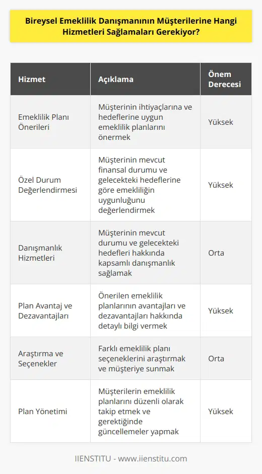 Bireysel emeklilik danışmanları, müşterilerine çeşitli hizmetler sağlamalıdır. Bunlar arasında; emeklilik planı hakkında öneriler, emekliliğin müşterinin özel durumuna uygun olup olmadığının değerlendirilmesi, müşterinin mevcut durumu ve gelecekteki hedefleri hakkında danışmanlık, önerilen planların avantaj ve dezavantajları hakkında bilgi vermek, araştırma yapmak, farklı seçenekleri araştırmak ve müşterilerin emeklilik planlarını yönetmek gibi hizmetleri içerebilir.
