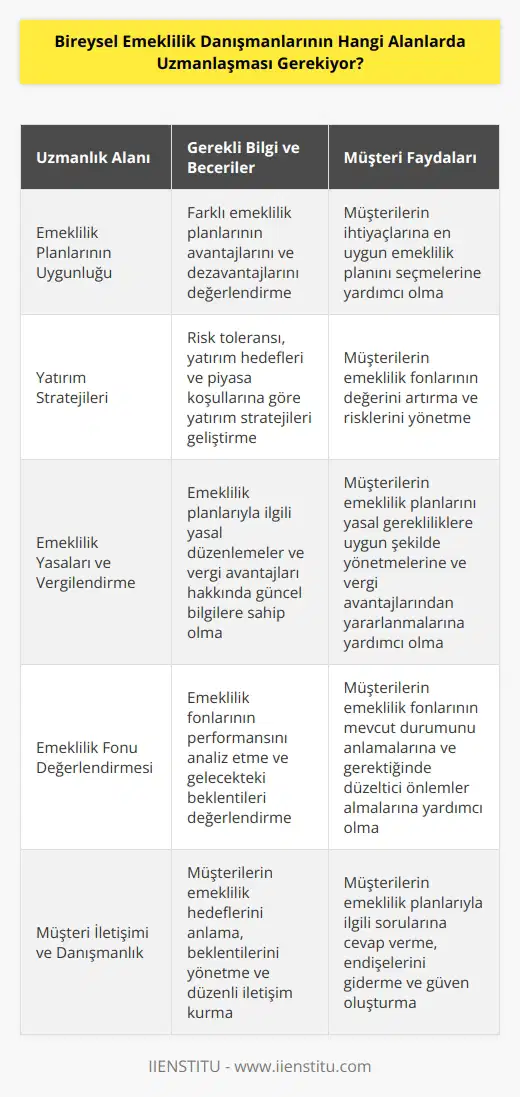 Bireysel emeklilik danışmanları müşterilerinin bireysel emeklilik planlarının uygulanması ve yönetilmesi için gerekli bilgi, tecrübe ve becerilere ulaşmalıdır. Danışmanlar, müşterilerinin emeklilik planlarının uygunluğu, yatırım stratejileri, emeklilik yasaları, emeklilik planlarının vergilendirilmesi ve emeklilik planlarına ilişkin diğer konular hakkında bilgi sahibi olmalıdır. Danışmanlar, müşterilerinin emekliliğe ilişkin beklentilerini anlamalı ve gereksinimlerini karşılayacak en uygun çözümleri sunmalıdır. Ayrıca, müşterilerinin emeklilik fonlarının mevcut durumlarını değerlendirmeleri ve gelecekteki beklentilerini karşılamaları için gerekli önerileri sunmalıdırlar.