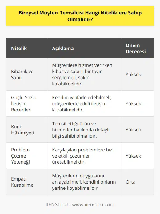 Bireysel müşteri temsilcisi müşterilere hizmet verdiği sırada kibar ve sabırlı, oldukça sakin bir tavır sergilemelidir. Güçlü sözlü ve    becerisi göstermeli,   na hakim olmalıdır. Problem çözme yönlerinin kuvvetli olması, problemler karşısında etkili çözümler üretmesi ve    becerisi göstermesi gerekir.