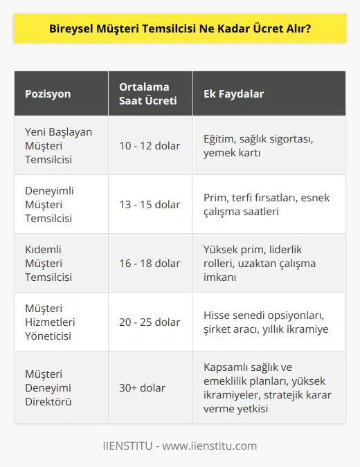 Bireysel müşteri temsilcisi ücreti, çalışma saatleri, ücretler ve işletme büyüklüğüne göre değişebilir. Bazı firmalar, müşteri temsilcisi pozisyonunda çalışanlar için sabit bir ücret ödemektedir. Diğerleri, müşteri temsilcisi pozisyonunda çalışanların performanslarına göre ödeme yaparlar. Bazı firmalar, müşteri temsilcisi pozisyonunda çalışanlarına saat başı ücret ödemektedir. Bununla birlikte, müşteri temsilcisi pozisyonunda çalışanlar genellikle saat başına 10 – 15 dolar arasında bir ücret almaktadır.