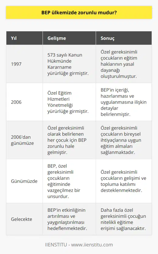 Türkiye’de 1997 yılında 573 sayılı kanun hükmünde kararname yürürlüğe girmiştir. Ardından 2006 yılında Özel Eğitim Hizmetleri Yönetmeliği yürürlüğe girmiştir. Bu iki gelişme neticesinde Türkiye’de özel gereksinimli olarak belirlenmiş her çocuk için BEP zorunlu olmuştur.