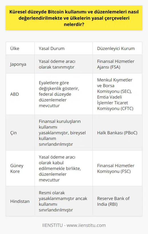 Küresel Düzeyde Bitcoin Kullanımı ve Düzenlemeleri  Bitcoin, yani sanal para birimi, dünya genelinde kullanımı hızla artan bir teknolojidir. Küresel düzeyde bitcoin kullanımı ve düzenlemeleri, her ülkenin kendine has yasal çerçeveleri ve ekonomi politikalarıyla şekillenmektedir. Bu bağlamda, bitcoinin kullanımı ve düzenlemeleri konusundaki değerlendirmeler farklı ülkelerde farklı düzeylerde ele alınabilir.  Yasal Çerçevelerin İncelenmesi  Bitcoin, bazı ülkeler tarafından olumlu bir bakış açısıyla benimsenirken, bazı ülkelerde ise mevcut yasal düzenlemelerin olmaması nedeniyle çekincelerle yaklaşılmaktadır. Legalite eksikliği ve kontrolsüz yapısı dolayısıyla, bitcoin kullanımının zararları da ekonomi ve bireylerin güvenliği açısından tartışılır hale gelmiştir.   Bitcoin Avantajları  Bitcoin kullanımının avantajları arasında hızlı ve düşük maliyetli transferler, merkezi olmama özelliği ve konvansiyonel bankacılık sisteminden bağımsız işlem yapma imkanı öne çıkmaktad. Bu avantajlar, teknolojinin yanı sıra ticaret ve finansal işlemlerin daha etkin yürütülmesi için önemli bir potansiyel sunar.   Bitcoin Dezavantajları  Bitcoin kullanımının dezavantajları ise; fiyat dalgalanmaları, ekonomi üzerinde olası spekülatif etkiler ve belirsiz yasal düzenlemeler şeklinde sıralanabilir. Ayrıca, yasa dışı aktiviteler ve dolandırıcılık gibi potansiyel riskleri de beraberinde getirmektedir.   Ülkelerin Yasal Çerçeveleri  Ülkelerin bitcoin kullanımına yönelik yasal çerçeveleri belirleyici bir rol oynamaktadır. Her ülke, kendi ekonomi politikalarına bağlı olarak bitcoin kullanımını tamamen yasaklayabilir, mali otoritesinin denetimi altına alabilir veya fiilen serbest bırakabilir. Örneğin, Japonya, Güney Kore ve ABD gibi ülkeler bazı düzenlemelerle bitcoin kullanımına ve işlemine izin verirken, Çin ve Hindistan gibi ülkeler ise kullanımına sınırlamalar getirmektedir.  Bitcoin, gittikçe popüler olmaya başlayan ve ülkelerin yasal çerçeveleri içerisinde değerlendirilerek düzenlemeye tabi tutulması gerektiren bir teknolojidir. Dolayısıyla, bitcoin veya benzeri kripto paraların kullanımı ve düzenlemeleri konusunda dünya genelinde standardizasyon ve işbirliği sağlayacak yasal düzenlemelere ihtiyaç duyulmaktadır.