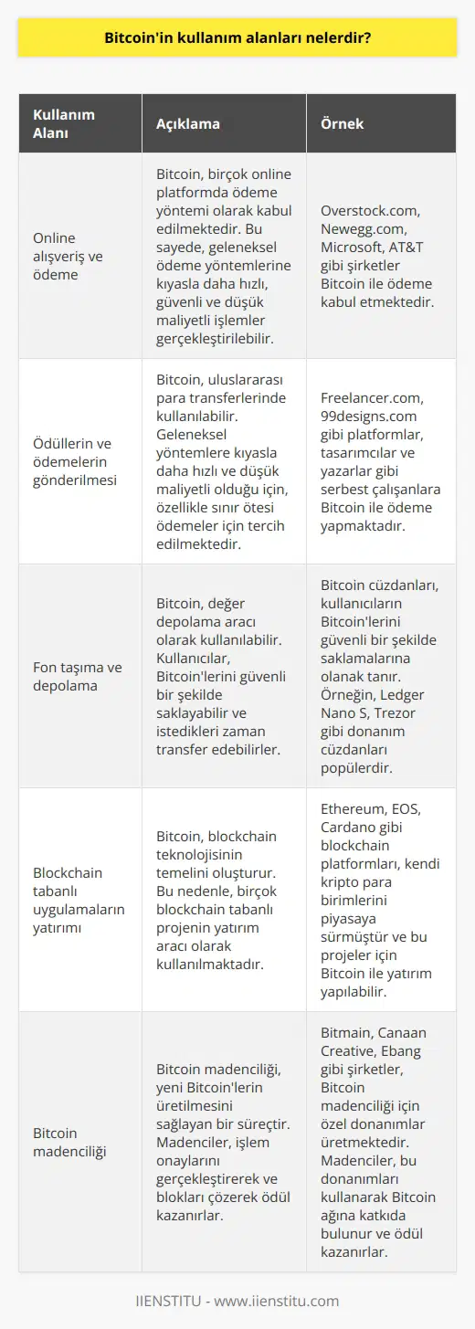 1. Online alışveriş ve ödeme 2. Ödüllerin ve ödemelerin gönderilmesi 3. Fon taşıma ve depolama 4. Blockchain tabanlı uygulamaların yatırımı 5. Bitcoin madenciliği 6. Spekülasyon yapmak 7. Sanal ürünlerin satın alınması 8. Vergi ödemeleri