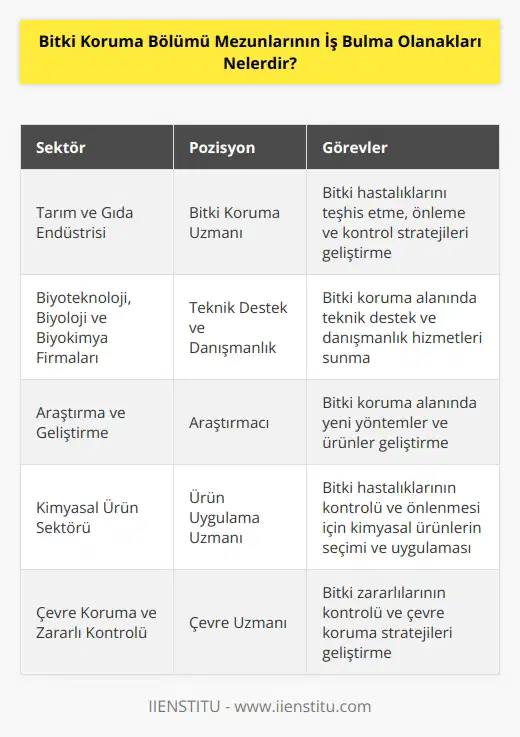 Bitki Koruma Bölümü mezunları çeşitli sektörlerde çalışmaya uygun olanaklar elde edebilirler. Örneğin, tarım ve gıda endüstrisinde çalışma olanakları vardır. Ayrıca, birçok biyoteknoloji, biyoloji ve biyokimya firması için bitki koruma alanında teknik destek ve danışmanlık hizmetleri sunabilirler. Bitki koruma alanında araştırmaya ve geliştirmeye de yönelebilirler. Bitki koruma bölümü mezunları, bitki hastalıklarının kontrolü ve önlenmesi için gerekli kimyasal ürünlerin seçimi ve uygulaması konusunda yardımcı olabilirler. Ayrıca, bitki koruma bölümü mezunları, çevre koruması ve bitki zararlıları kontrolü konularında da destek sağlayabilirler.