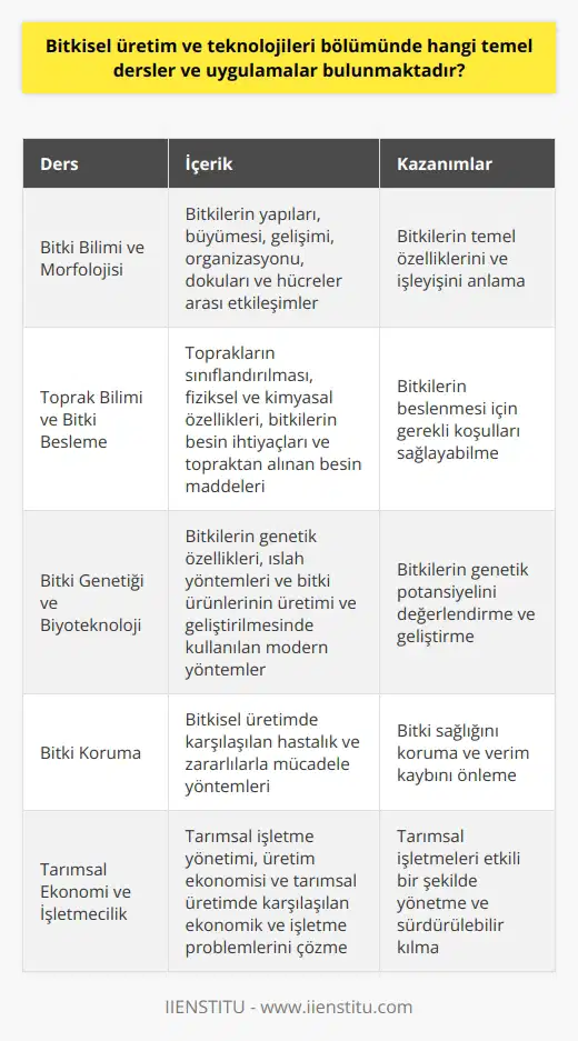 Bitkisel Üretim ve Teknolojileri Bölümünün Temel Dersleri  Bitkisel üretim ve teknolojileri bölümünde, öğrencilere temel tarım bilgisi ve modern teknolojilerin tarımsal uygulamaları konularında eğitim verilmektedir. Bu eğitim sürecinde, öğrencilerin alacakları temel dersler ve uygulamalar şunlardır:  Bitki Bilimi ve Morfolojisi  Bu dersle, öğrencilere bitkilerin yapıları, büyümesi ve gelişimi hakkında bilgi verilir. Ayrıca, bitki organizasyonu, bitki dokuları ve hücreler arası etkileşimler üzerinde durulur.      Toprak bilimi dersinde, toprakların sınıflandırılması, fiziksel ve kimyasal özellikleri üzerinde durulur. Bitki besleme dersinde ise, bitkilerin besin ihtiyaçları ve topraktan alınan besin maddeleri ile ilgili konular işlenir.  Bitki-genetiği ve Biyoteknoloji  Bitki-genetiği dersinde, bitkilerin genetik özellikleri ve ıslah yöntemleri öğretilir. Biyoteknoloji dersi ise, bitkilere dayalı ürünlerin üretimi ve geliştirilmesi için kullanılan modern yöntemlerin anlatıldığı bir derstir.  Bitki Koruma  Bitki koruma dersinde, bitkisel üretimde karşılaşılan hastalık ve zararlılarla mücadele yöntemleri gösterilmektedir.  Bitki Yetiştiriciliği ve İyi Tarım Uygulamaları  Bu ders kapsamında, farklı bitki türlerinin ekolojik gereksinimlerine ve yetiştiricilik tekniklerine değinilmektedir. İyi tarım uygulamaları ise, doğru teknik ve yöntemlerle verimli ve sürdürülebilir tarım yapılmasına katkı sağlayan uygulamaları içerir.  Tarımsal Makine Ve Ekipman  Bu derste, tarımsal üretimde kullanılan makine ve ekipmanlar hakkında genel bilgiler sunulur ve kullanım talimatları verilir.  Tarımsal Ekonomi Ve İşletmecilik  Tarımsal işletme yönetimi ve üretim ekonomisi alanındaki temel bilgilerin öğretildiği bu derste, öğrencilerin tarımsal üretimde karşılaşılan ekonomik ve işletme problemlerini çözme becerileri geliştirilmektedir.  Sonuç olarak, bitkisel üretim ve teknolojileri bölümünde alınan temel dersler ve uygulamalar öğrencilerin, bitkisel üretim ve tarımsal alanda kullanılan teknolojileri doğru şekilde uygulayabilme ve bilimsel düşünme becerileriyle sektöre uygun hale gelmelerine katkı sağlamaktadır.