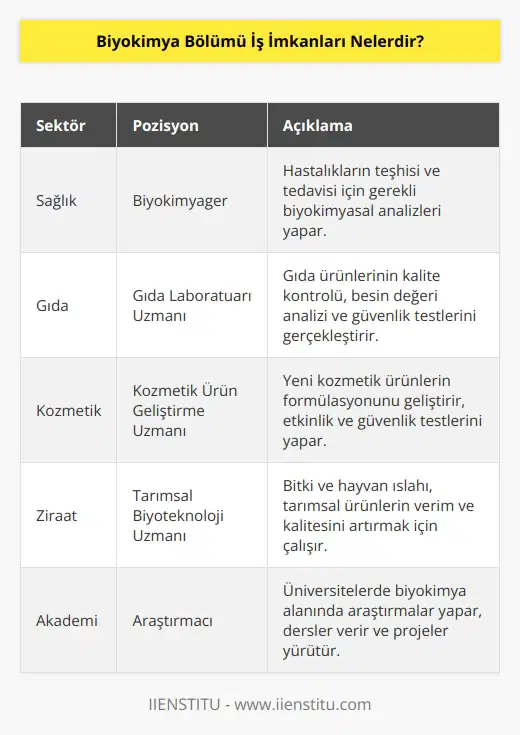Biyokimya bölümü sağlık sektöründe, gıda laboratuarlarında, kozmetik alanında ve ziraat kurumlarında biyo olarak çalışabilir. Üniversitelerde araştırmacı olarak çalışabilirler. Biyokimya bölümü mezunları analiz yapma yetenekleri sayesinde laboratuarlarda da çalışma imkanı olan kişilerdir. Biyokimya mezunları aynı zamanda yeni ürün geliştirme ve test etme konusunda çalışma imkanı bulabilirler.
