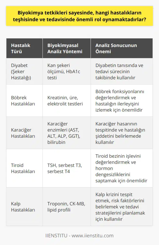 Biyokimya Tetkiklerinin Rolü ve Klinik Önemi  İnsan vücudunda kusursuz bir denge bulunmaktadır. Ancak bazen bu dengedeki bozukluklar nedeniyle hastalıklar oluşabilir. Hastalandığımızda başvurduğumuz hekimlere yol gösteren önemli parametrelerden biri vücut sıvılarımızdaki madde dengesizlikleridir. Bu nedenle poliklinik muayenelerinde sıkça kan ve idrar gibi vücut sıvılarımızın analiz edilmesi istenir. Yapılan biyokimya ve diğer analizlerin önemi ortaya çıkmaktadır. Hastalara uygulanacak tedavilerin %70 oranında tetkik sonuçlarına bağlı olarak düzenlendiği bilinmektedir.  Biyokimyasal Analizlerin Hastalık Teşhis ve Tedavisindeki Etkisi  Sağlık alanında ve teknolojide yaşanan gelişimler sonucunda test çeşitliliği gittikçe artmaktadır. Biyokimya tetkikleri ise hastanelerde en sık başvurulan tetkik çeşididir. Yaygın olarak görülen birçok hastalık bu tetkikler sayesinde tanılanmaktadır. Özellikle hormonal bozukluklar ve metabolik rahatsızlıklar basit kan ve idrar tahlilleriyle kolayca teşhis edilmektedir. Ayrıca biyokimya testleri, organların fonksiyonlarını yerine getirme durumu hakkında da fikir vermektedir (örneğin karaciğer, böbrek vb.).  Biyokimya Uzmanlığı ve Tercihler  Günümüzde, tıp hekimlerinin uzmanlık alanları arasında biyokimya uzmanlığı da bulunmaktadır. Geçmiş yıllarda hekimler uzmanlık tercihlerini yaygın olarak cerrahi branşlardan yana kullanırken, günümüzde dâhili branşlar daha popüler hale gelmektedir. Genç hekimler tercihlerini Deri ve Zührevi Hastalıklar, Radyoloji, Göz Hastalıkları, Radyasyon Onkolojisi ve Çocuk Psikiyatrisi gibi branşlardan yana kullanmaktadır. Biyokimya uzmanlığı ise açılan kadro azlığına rağmen yükselişte olup, tercih listelerinde genelde cerrahi branşların hemen üzerinde yer almaktadır. Geniş çalışma alanı ve sunduğu saygınlığın tercihlerde rol oynadığı düşünülmektedir. Aynı zamanda rutin mesai saatleri ve klinik çalışma içermemesi de öncelik konusu olabilmektedir.  Teşhis ve Tedavide Biyokimyasal Analizler  Biyokimyasal analizler, insan vücudundaki hastalıkların teşhis, tedavi ve takibini yapmak amacıyla vücut sıvılarını analiz edip değerlendiren hekimler tarafından gerçekleştirilir. Biyokimya uzmanları, aynı zamanda laboratuvarın güvenliği, kalite çalışmaları, tıbbi cihazlar, kullanılan kimyasalların kontrolü ve panik değer bildirimleri gibi birçok görevi üstlenmektedir. Tüm klinisyen hekimlerle iş birliği içinde çalışmaları gerektiği gibi, multidispliner ekip çalışması gerektiren biyokimya alanında teşhis ve tedavide en sık yapılan analizlere de yer vermektedir.  Sonuç olarak, biyokimya tetkikleri sayesinde pek çok hastalığın teşhis ve tedavisinde önemli rol oynamaktadır. Özellikle hormonal ve metabolik hastalıkların teşhisinde kullanılan bu testler, hekimlere hastalık süreçlerini daha iyi takip etme ve doğru tedavi yöntemlerini seçme imkanı sağlamaktadır. Bu nedenle biyokimya uzmanlığı ve uygulanan analizler, modern tıbbın vazgeçilmez bir parçasıdır.