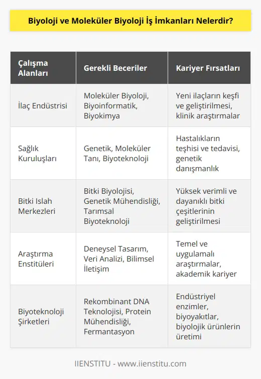 Biyoloji ve moleküler biyoloji alanı ülkemizde yeni gelişen bir alan olmasına rağmen bu alandaki öğrenciler bilgisayar yazılımlarını da kullanarak hastalıkların moleküler temelli olmalarının araştırmalara yansıyan sonuçları yüzünden ilaç endüstrisi, sağlık kuruluşları, bitki ıslah merkezleri gibi alanlarda çalışabilirler.