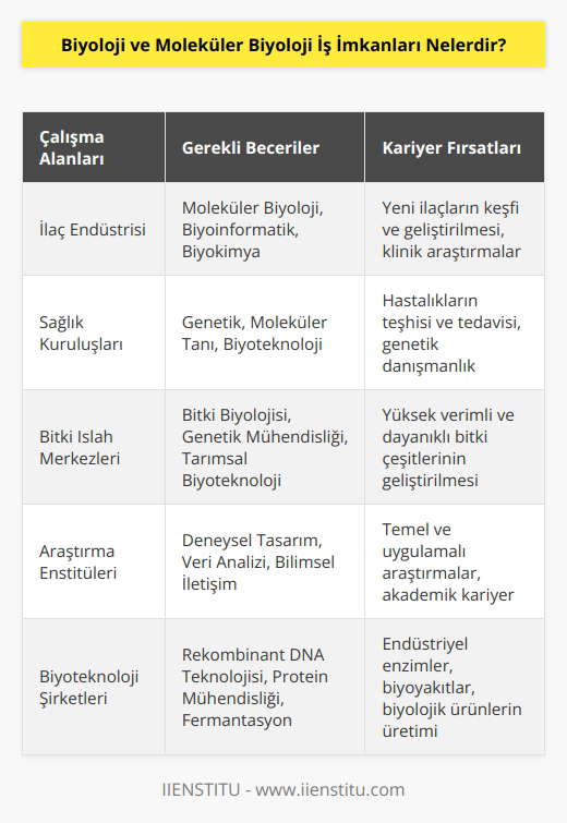 Biyoloji ve moleküler biyoloji alanı ülkemizde yeni gelişen bir alan olmasına rağmen bu alandaki öğrenciler bilgisayar yazılımlarını da kullanarak hastalıkların moleküler temelli olmalarının araştırmalara yansıyan sonuçları yüzünden ilaç endüstrisi, sağlık kuruluşları, bitki ıslah merkezleri gibi alanlarda çalışabilirler.