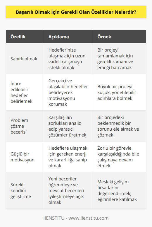 1. Sabırlı olmak 2. İdare edilebilir hedefler belirlemek 3. Problemleri çözebilme becerisi 4. Güçlü bir motivasyon 5. Çalışmayı seven bir kişilik 6. Sürekli kendini geliştirme 7. Zorluklara karşı dirençli olmak 8. İletişim becerileri 9. Çevresindekilere saygı duymak 10.