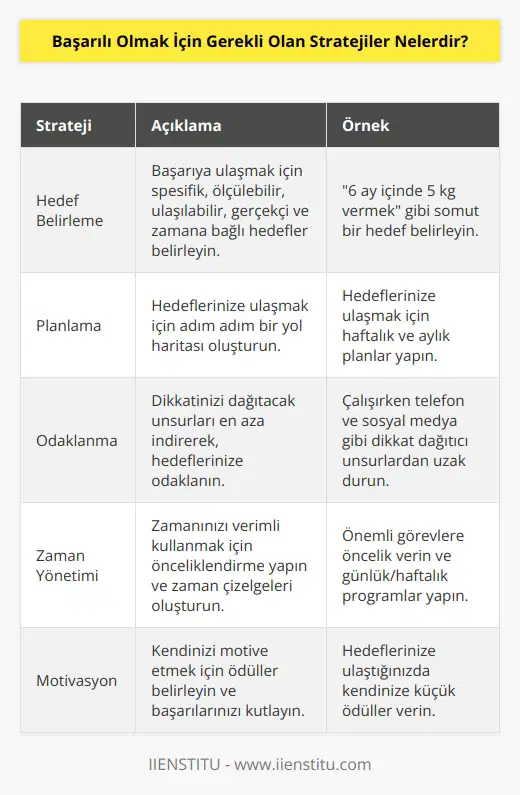 1. Hedeflerinizi belirleyin. Hedeflerinizi karşılamak ve başarıya ulaşmak için belirli ve ölçülebilir hedefler belirlemelisiniz.  2. Plan yapın. Hedeflerinize ulaşmak için bir plan yapmalısınız. Planınızın ne zaman, nasıl ve ne tür aktivitelerle gerçekleşeceğini belirleyin.  3. Çalışmaya odaklanın. Hedeflerinize ulaşmak için çalışın ve odağınızı korumaya çalışın.  4. Zaman yönetimi yapın. Zamanınızı daha verimli kullanmak için planlamalar yapın.  5. Risk almaya hazır olun. Başarılı olmak için, kendinizi risk almaktan alıkoymamalısınız.  6. İyimser olun. Avcunuzun içinde ne kadar fazla şey olursa olsun, hedeflerinize ulaşmak için iyimser olmalısınız.  7. Değişiklikleri yakından takip edin. Başarıya ulaşmak için güncel trendleri ve değişiklikleri yakından takip edin.  8. Destek alın. Başarıya ulaşmak için etrafınızdaki insanlardan destek alın.  9. Motivasyonunuzu yüksek tutun. Başarılı olmaya çalışırken, motivasyonunuzu yüksek tutun.  10. Kesinlikle başarılı olmak için sabırlı olun. Başarıya ulaşmak için sabırlı olmalısınız.