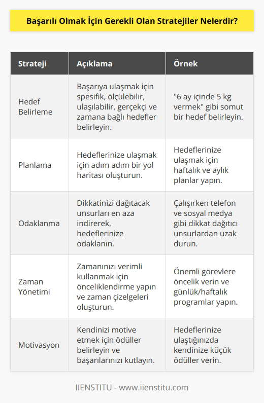 1. Hedeflerinizi belirleyin. Hedeflerinizi karşılamak ve başarıya ulaşmak için belirli ve ölçülebilir hedefler belirlemelisiniz. 2. Plan yapın. Hedeflerinize ulaşmak için bir plan yapmalısınız. Planınızın ne zaman, nasıl ve ne tür aktivitelerle gerçekleşeceğini belirleyin. 3. Çalışmaya odaklanın. Hedeflerinize ulaşmak için çalışın ve odağınızı korumaya çalışın. 4. Zaman yönetimi yapın. Zamanınızı daha verimli kullanmak için planlamalar yapın. 5. Risk almaya hazır olun. Başarılı olmak için, kendinizi risk almaktan alıkoymamalısınız. 6. İyimser olun. Avcunuzun içinde ne kadar fazla şey olursa olsun, hedeflerinize ulaşmak için iyimser olmalısınız. 7. Değişiklikleri yakından takip edin. Başarıya ulaşmak için güncel trendleri ve değişiklikleri yakından takip edin. 8. Destek alın. Başarıya ulaşmak için etrafınızdaki insanlardan destek alın. 9. Motivasyonunuzu yüksek tutun. Başarılı olmaya çalışırken, motivasyonunuzu yüksek tutun. 10. Kesinlikle başarılı olmak için sabırlı olun. Başarıya ulaşmak için sabırlı olmalısınız.