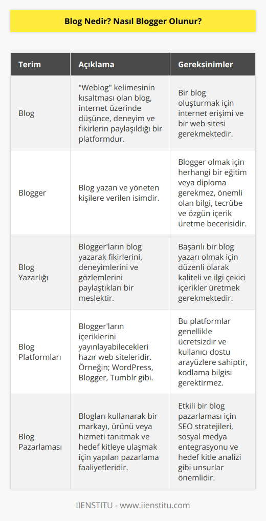 Blog, İngilizce “we blog ” deyiminin kısaltılmış halidir. Bilgi, düşünce, tecrübe, eleştiri ve fikirlerin, gözlem ve deneyimlerin internet ortamında web siteleri üzerinden paylaşılmasına blog denir. Blog yazan kişilere    adı verilir.    için herhangi bir mezuniyet ve diploma şartı sorgulanmaz. Bilgi ve tecrübesine ve de kalemine güvenenler blog yazabilir. Önemli olan cesaret ve içerikte özgünlüğü sağlayabilmektir.