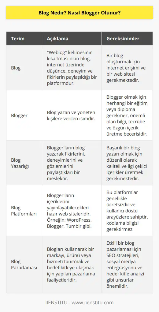 Blog, İngilizce “we blog ” deyiminin kısaltılmış halidir. Bilgi, düşünce, tecrübe, eleştiri ve fikirlerin, gözlem ve deneyimlerin internet ortamında web siteleri üzerinden paylaşılmasına blog denir. Blog yazan kişilere adı verilir. için herhangi bir mezuniyet ve diploma şartı sorgulanmaz. Bilgi ve tecrübesine ve de kalemine güvenenler blog yazabilir. Önemli olan cesaret ve içerikte özgünlüğü sağlayabilmektir.
