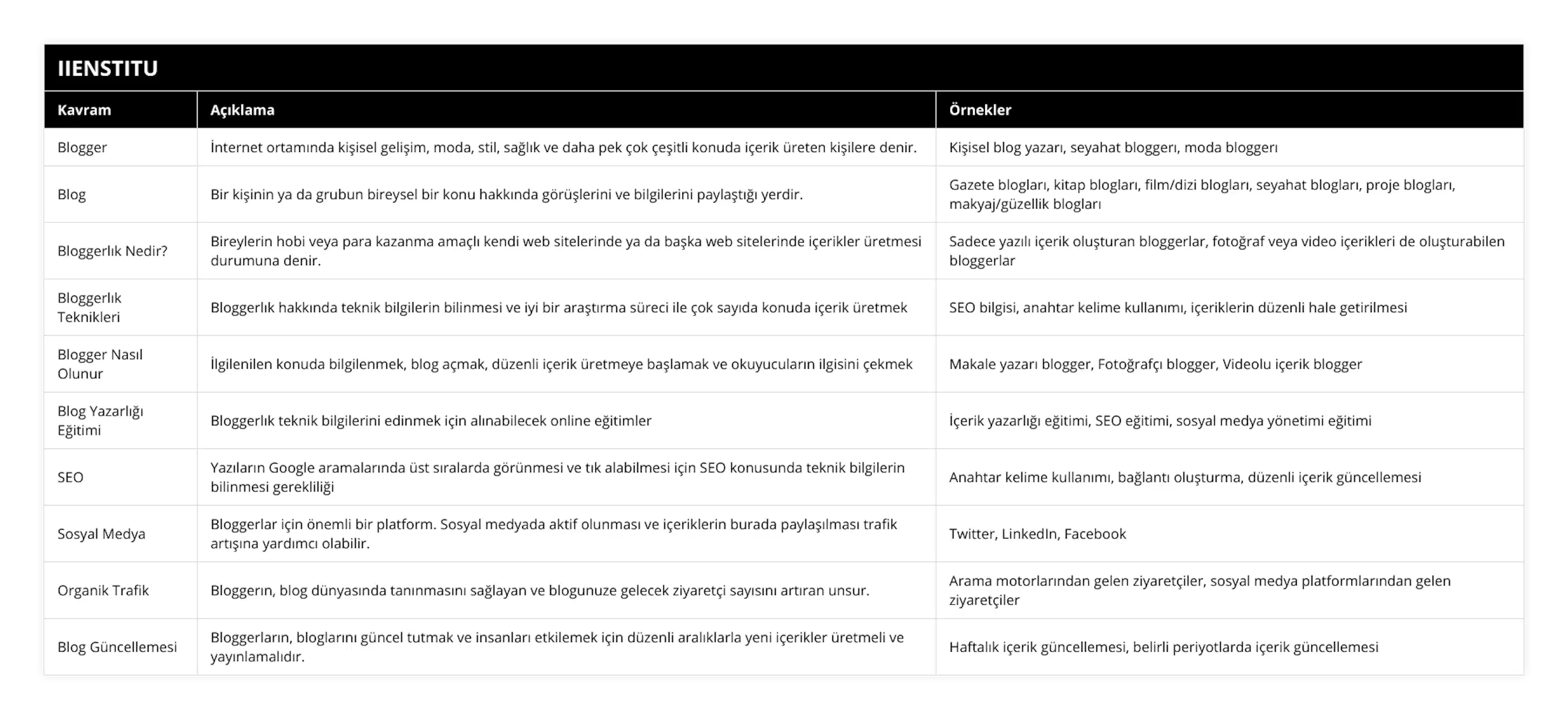 Blogger, İnternet ortamında kişisel gelişim, moda, stil, sağlık ve daha pek çok çeşitli konuda içerik üreten kişilere denir, Kişisel blog yazarı, seyahat bloggerı, moda bloggerı, Blog, Bir kişinin ya da grubun bireysel bir konu hakkında görüşlerini ve bilgilerini paylaştığı yerdir, Gazete blogları, kitap blogları, film/dizi blogları, seyahat blogları, proje blogları, makyaj/güzellik blogları, Bloggerlık Nedir?, Bireylerin hobi veya para kazanma amaçlı kendi web sitelerinde ya da başka web sitelerinde içerikler üretmesi durumuna denir, Sadece yazılı içerik oluşturan bloggerlar, fotoğraf veya video içerikleri de oluşturabilen bloggerlar, Bloggerlık Teknikleri, Bloggerlık hakkında teknik bilgilerin bilinmesi ve iyi bir araştırma süreci ile çok sayıda konuda içerik üretmek, SEO bilgisi, anahtar kelime kullanımı, içeriklerin düzenli hale getirilmesi, Blogger Nasıl Olunur, İlgilenilen konuda bilgilenmek, blog açmak, düzenli içerik üretmeye başlamak ve okuyucuların ilgisini çekmek, Makale yazarı blogger, Fotoğrafçı blogger, Videolu içerik blogger, Blog Yazarlığı Eğitimi, Bloggerlık teknik bilgilerini edinmek için alınabilecek online eğitimler, İçerik yazarlığı eğitimi, SEO eğitimi, sosyal medya yönetimi eğitimi, SEO, Yazıların Google aramalarında üst sıralarda görünmesi ve tık alabilmesi için SEO konusunda teknik bilgilerin bilinmesi gerekliliği, Anahtar kelime kullanımı, bağlantı oluşturma, düzenli içerik güncellemesi, Sosyal Medya, Bloggerlar için önemli bir platform Sosyal medyada aktif olunması ve içeriklerin burada paylaşılması trafik artışına yardımcı olabilir, Twitter, LinkedIn, Facebook, Organik Trafik, Bloggerın, blog dünyasında tanınmasını sağlayan ve blogunuze gelecek ziyaretçi sayısını artıran unsur, Arama motorlarından gelen ziyaretçiler, sosyal medya platformlarından gelen ziyaretçiler, Blog Güncellemesi, Bloggerların, bloglarını güncel tutmak ve insanları etkilemek için düzenli aralıklarla yeni içerikler üretmeli ve yayınlamalıdır, Haftalık içerik güncellemesi, belirli periyotlarda içerik güncellemesi