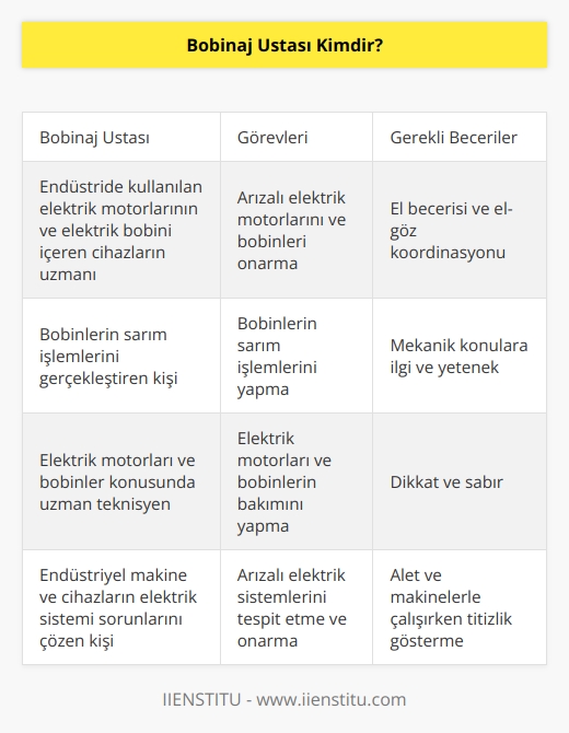 Bobinaj ustası, endüstride kullanılmakta olan elektrik motorları ile elektrik bobini kullanılmakta olan makinelerin ve birçok cihazın arızalarını onaran veya bobinlerin sarım işlemlerini yapan kişidir. Bu meslekte yer alacak kişilerin el becerisi göstermesi, el ve gözlerini eşgüdümle kullanması, mekanik konulara ilgi duyması ve bu konularda yetenek göstermesi beklenir. Alet ve makinelerle uğraşırken dikkat ve sabır göstermeleri de oldukça önemlidir.