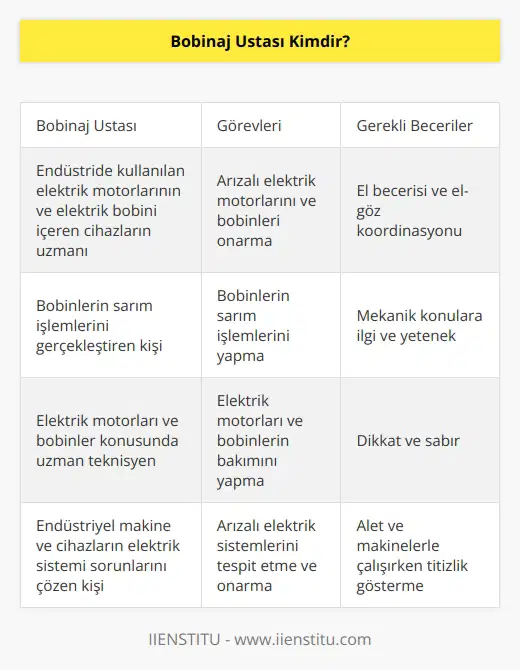 Bobinaj ustası, endüstride kullanılmakta olan elektrik motorları ile elektrik bobini kullanılmakta olan makinelerin ve birçok cihazın arızalarını onaran veya bobinlerin sarım işlemlerini yapan kişidir. Bu meslekte yer alacak kişilerin el becerisi göstermesi, el ve gözlerini eşgüdümle kullanması, mekanik konulara ilgi duyması ve bu konularda yetenek göstermesi beklenir. Alet ve makinelerle uğraşırken dikkat ve sabır göstermeleri de oldukça önemlidir.