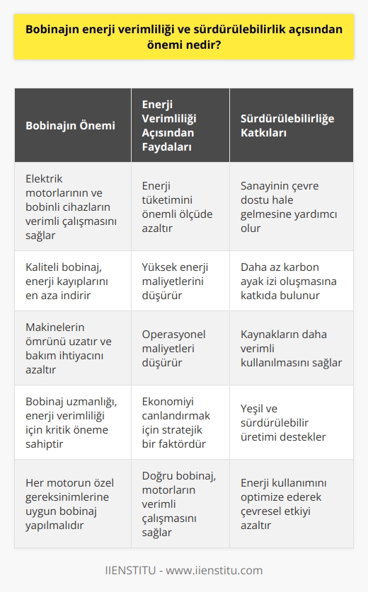 Bobinajın enerji verimliliği ve sürdürülebilirlik açısından önemi son derece kıymetlidir. Bilindiği üzere, bobinaj; elektrik motorları ile elektrik bobini içerikli cihazların çalışmasını yoğun bir şekilde etkiler. Bu cihaz ve makinelerin enerjiyi maksimum effektiflik ile kullanabilmeleri, bobinaj işleminden geçer. İyi bir bobinaj yöntemi ve ustalığı, enerjiyi daha verimli ve tasarruflu bir şekilde kullanmayı sağlar. Bu da sanayimizin ve endüstrinin sürdürülebilir ve çevre dostu bir hale gelmesini destekler.  McKinsey tarafından belirtildiği gibi, enerji verimliliği ekonomiyi canlandırmak için kritik öneme sahip bir stratejik faktördür. Yüksek enerji maliyetlerini azaltmak ve çevresel ayak izini olabildiğince düşürmek adına, verimlilik ve tasarrufun artırılması hayati bir önem taşır. Burada bobinajın rolü büyüktür, çünkü bobinaj; makinelerin enerji tüketimini önemli ölçüde azaltmada etkili bir rol oynar.  Endüstride kullanılan elektrik motorları genellikle bobinaj işlemine tabi tutulurlar ve her motorun belirli özellikleri ve gereksinimleri vardır. Bobinajın efektif ve doğru bir şekilde yapılması, motorların verimli çalışmasını sağlar ve aynı zamanda enerji kayıplarını minimuma indirir. Motorların enerji efektifliği, bobinaj kalitesi, uzmanlığı ve titizliği ile doğrudan ilişkilidir.  Bunun yanı sıra, bobinaj; makinelerin ömrünü artırır ve daha az bakım ihtiyaçlarını doğurur. Bu da verimliliğin yanı sıra sürdürülebilirliği de artırır. Yani, bobinaj ustası olmak sadece makineleri onarmak veya bakım yapmakla kalmaz, aynı zamanda enerji verimliği ve sürdürülebilirlik konusunda da önemli bir etkiye sahip olur.   Sonuç olarak, bobinaj; enerji verimliliği ve sürdürülebilirlik açısından önemli bir rol oynamaktadır. Bu, sanayi ve endüstride enerji kullanımının ve çevre dostu uygulamaların daha yaygın hale gelmesi için yardımcı olur. Bobinajın bu kritik rolünü göz önünde bulundurmak, hem enerji tüketimi hem de operasyonel maliyetler üzerinde pozitif bir etki yaratmanın yanı sıra, daha yeşil ve sürdürülebilir bir üretim sağlamak açısından da önemlidir.