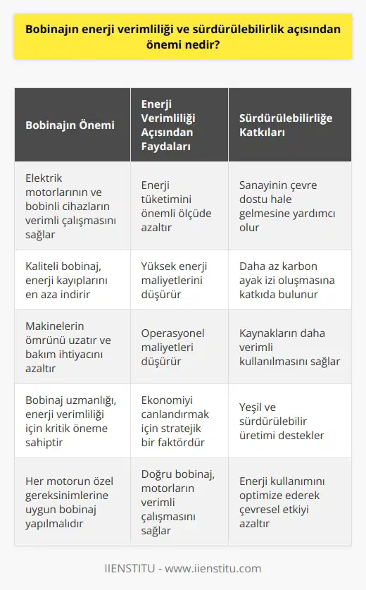Bobinajın enerji verimliliği ve sürdürülebilirlik açısından önemi son derece kıymetlidir. Bilindiği üzere, bobinaj; elektrik motorları ile elektrik bobini içerikli cihazların çalışmasını yoğun bir şekilde etkiler. Bu cihaz ve makinelerin enerjiyi maksimum effektiflik ile kullanabilmeleri, bobinaj işleminden geçer. İyi bir bobinaj yöntemi ve ustalığı, enerjiyi daha verimli ve tasarruflu bir şekilde kullanmayı sağlar. Bu da sanayimizin ve endüstrinin sürdürülebilir ve çevre dostu bir hale gelmesini destekler. McKinsey tarafından belirtildiği gibi, enerji verimliliği ekonomiyi canlandırmak için kritik öneme sahip bir stratejik faktördür. Yüksek enerji maliyetlerini azaltmak ve çevresel ayak izini olabildiğince düşürmek adına, verimlilik ve tasarrufun artırılması hayati bir önem taşır. Burada bobinajın rolü büyüktür, çünkü bobinaj; makinelerin enerji tüketimini önemli ölçüde azaltmada etkili bir rol oynar. Endüstride kullanılan elektrik motorları genellikle bobinaj işlemine tabi tutulurlar ve her motorun belirli özellikleri ve gereksinimleri vardır. Bobinajın efektif ve doğru bir şekilde yapılması, motorların verimli çalışmasını sağlar ve aynı zamanda enerji kayıplarını minimuma indirir. Motorların enerji efektifliği, bobinaj kalitesi, uzmanlığı ve titizliği ile doğrudan ilişkilidir. Bunun yanı sıra, bobinaj; makinelerin ömrünü artırır ve daha az bakım ihtiyaçlarını doğurur. Bu da verimliliğin yanı sıra sürdürülebilirliği de artırır. Yani, bobinaj ustası olmak sadece makineleri onarmak veya bakım yapmakla kalmaz, aynı zamanda enerji verimliği ve sürdürülebilirlik konusunda da önemli bir etkiye sahip olur. Sonuç olarak, bobinaj; enerji verimliliği ve sürdürülebilirlik açısından önemli bir rol oynamaktadır. Bu, sanayi ve endüstride enerji kullanımının ve çevre dostu uygulamaların daha yaygın hale gelmesi için yardımcı olur. Bobinajın bu kritik rolünü göz önünde bulundurmak, hem enerji tüketimi hem de operasyonel maliyetler üzerinde pozitif bir etki yaratmanın yanı sıra, daha yeşil ve sürdürülebilir bir üretim sağlamak açısından da önemlidir.