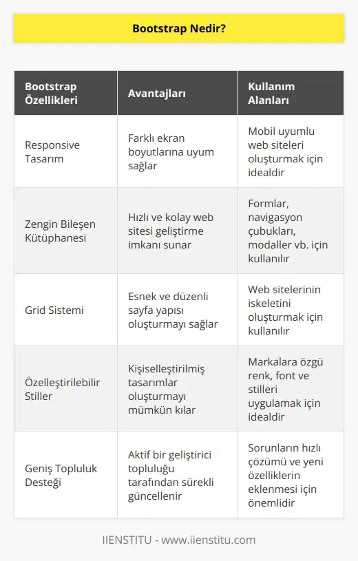 Web sitesi tasarlamak için kullanılan, geniş bir kütüphaneye sahip bir framework’tür. Framework yenilenebilir ve değiştirilebilir içerikte, önceden hazırlanmış kütüphaneleri bulunan modüllere sahip yapılara denir. Yazılım geliştiriciler kullanmaktadır. Bu yapıda olan Bootstrap oldukça zengin içerik ve modellere sahiptir. Web sitesi kurucularına rahatlık ve doğru içerikleri vadetmektedir.