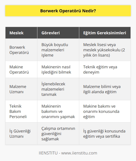 İşlenemeyecek kadar büyük boyutlara sahip olan malzemeleri işleme görevine sahip olan makineyi kullanan meslek çalışanlarına borwerk operatörü adı verilir. Borwek operatörü, makinenin nasıl işlediğini ve ne tür malzemeler üzerinde faaliyet gösterebileceğini bilen kişidir. Borwerk operatörü olmak için ilgili bölümlerden meslek lisesi ya da meslek yüksekokulu 2 yıllık ön lisans mezuniyeti olması gerekir.