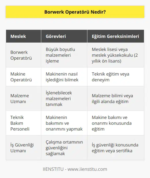 İşlenemeyecek kadar büyük boyutlara sahip olan malzemeleri işleme görevine sahip olan makineyi kullanan meslek çalışanlarına borwerk operatörü adı verilir. Borwek operatörü, makinenin nasıl işlediğini ve ne tür malzemeler üzerinde faaliyet gösterebileceğini bilen kişidir. Borwerk operatörü olmak için ilgili bölümlerden meslek lisesi ya da meslek yüksekokulu 2 yıllık ön lisans mezuniyeti olması gerekir.