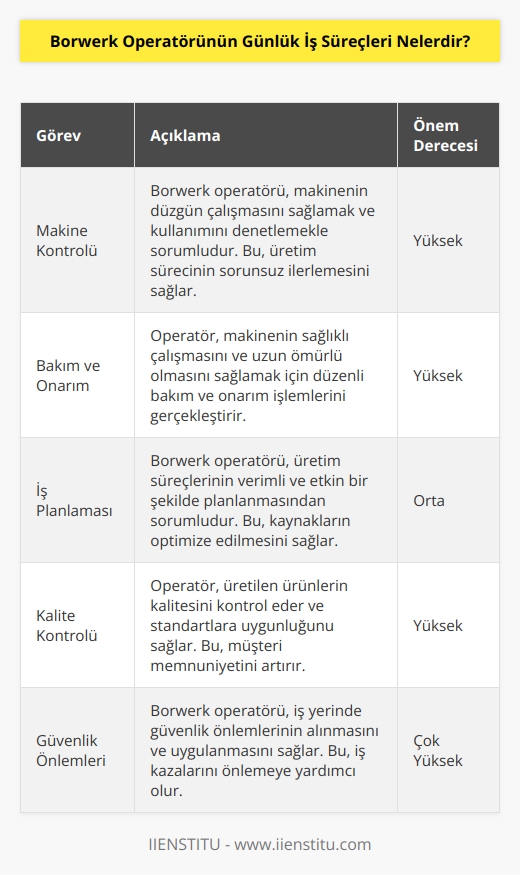 Günlük iş süreçleri, Borwerk operatörünün görevlerini yerine getirmelerine yardımcı olmak için özel olarak tasarlanmıştır. Bunlar; makine kontrolü, bakım ve onarım,   sı ve kalite kontrolü gibi önemli görevler kapsamaktadır.  Makine kontrolü, Borwerk operatörüne makinenin çalışmasını sağlamasını ve kullanımının düzgün bir şekilde kontrol edilmesini sağlamasını sağlamaktadır. Bakım ve onarım, Borwerk operatörünün makinenin sağlıklı çalışmasını ve uzun ömürlü olmasını sağlamasını sağlar.  sı, Borwerk operatörünün üretim süreçlerinin verimli ve etkin bir şekilde planlanmasını sağlar. Kalite kontrolü, Borwerk operatörünün üretilen ürünlerin kalitesinin kontrol edilmesini sağlamasını sağlar.