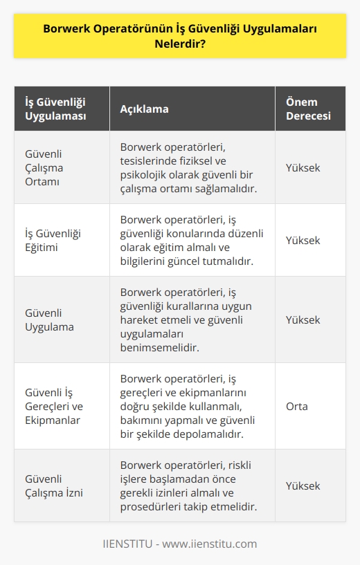 Borwerk operatörünün iş güvenliği uygulamaları arasında şunlar yer alır:  1. Güvenli Çalışma Ortamı: Borwerk operatörleri, tesislerinde güvenli bir çalışma ortamı sağlamak için gerekli tüm önlemleri almalıdır.  2. İş Güvenliği Eğitimi: Borwerk operatörleri, iş güvenliği konularında uygun eğitim almalı ve iş güvenliği eğitimlerini sürekli güncellemelidir.  3. Güvenli Uygulama: Borwerk operatörleri, iş güvenliği kurallarını takip etmelidir ve güvenli uygulamalara uygun hareket etmelidir.  4. Güvenli İş Gereçleri ve Ekipmanlar: Borwerk operatörleri, iş gereçleri ve ekipmanlarını uygun şekilde kullanmalı ve güvenli bir şekilde depolamalıdır.  5. Güvenli Çalışma Ortamı: Borwerk operatörleri, çalışma ortamının güvenli bir şekilde korunmasını sağlamalıdır.  6. Güvenli Çalışma İzni: Borwerk operatörleri, herhangi bir iş güvenliği riski olmadan çalışma izni almalıdır.  7. Güvenli Çalışma İzleme: Borwerk operatörleri, çalışma ortamının güvenli bir şekilde izlenmesini sağlamalıdır.  8. Güvenli Çalışma İçin Eğitim: Borwerk operatörleri, iş güvenliği konularındaki bilgilerini sürekli güncellemeli ve eğitim almalıdır.
