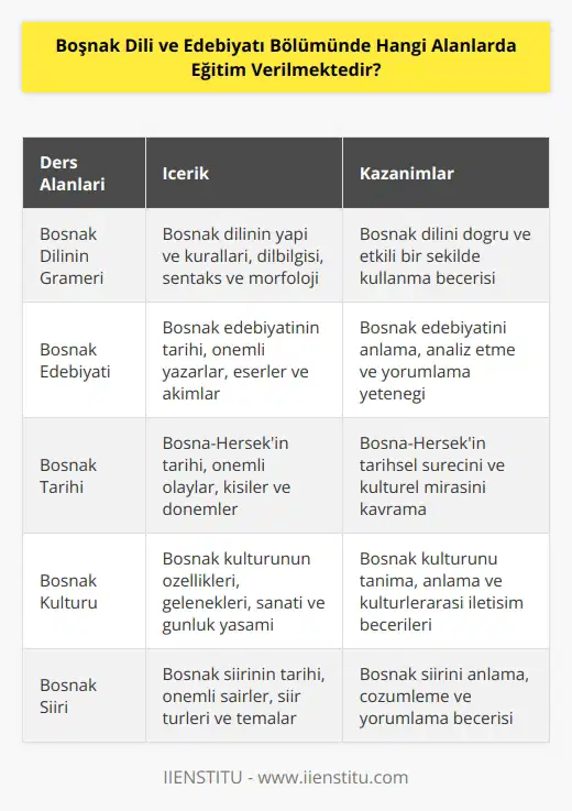 Boşnak Dili ve Edebiyatı Bölümünde dersler arasında Boşnak dilinin grameri, Boşnak edebiyatı, Boşnak tarihi, Boşnak kültürü, Boşnak folkloru, Boşnak sineması ve televizyonu, Boşnak şiiri, Boşnak   ı, yabancı Boşnak edebiyatı ve Boşnak sözlü edebiyatı gibi alanlarda eğitim verilmektedir.