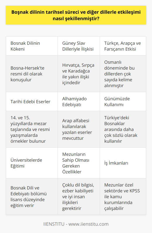 Boşnak Dilinin Tarihsel Süreç ve Diğer Dillerle Etkileşimi  Boşnak dili, Bosna-Hersekte yaşayan ve resmi dil olarak kabul edilen Boşnakların temel dilidir. Tarihsel süreçte Boşnak dili, özellikle Hırvatça, Sırpça ve Karadağca olmak üzere diğer Güney Slav dilleriyle yakın ilişkiler içinde gelişmiştir. Bu dillerin hepsi, Sırp-Hırvat dilinin standart formu olarak kabul edilmektedir. Fakat Boşnak dilinin Hırvatça ve Sırpçadan ayrıştığı önemli bir alan bulunmaktadır: Boşnak diline Osmanlı döneminde Türkçe aracılığıyla giren Arapça, Farsça ve Türkçe kökenli kelimeler.  Edebiyat ve Dil Özellikleri  Boşnak dilinin tarihsel süreçteki edebi ve yazılı eserlerine bakıldığında, en önemli örnekler 14. ve 15. asırlarda mezar taşlarında ve Orta Çağ döneminde resmi yazışmalarda bulunmaktadır. Bu dönemde Boşnak dilinin özellikleri, Arap alfabesi kullanılarak alhamiyado edebiyatında da görülebilir. Türkiyede yaşayan Boşnaklar, ana dillerini genellikle sözlü olarak kullanmakta olup yazılı olarak kullanmak daha azdır.  Eğitim ve Öğretim  Boşnak dili ve edebiyatı bölümü, üniversitelerde lisans eğitimi olarak verilmekte olup bu bölümde öğrenciler Bosna-Hersek’in resmi dilini ve edebiyatı hakkında yetişirler. Bölümü tercih edecek öğrencilerin, birden fazla dil bilmek, ezber kabiliyetinin yüksek olması ve insan ilişkilerinde başarılı olması gibi özelliklere sahip olması beklenmektedir.  Boşnak Dili ve Edebiyatı Bölümünden Mezunların İş İmkanları  Boşnak dili ve edebiyatı bölümünden mezun olanlar, özel kurumlarda iş imkanına sahip olabileceği gibi, KPSS koşullarını yerine getirmek şartıyla kamu kuruluşlarında da iş bulabilirler. İş alanı olarak oldukça geniş kapsamlı sektörlerde çalışmakta olan bölüm mezunları, görevlerine göre farklı alanlarda bilgi ve beceri gösterebilmektedirler.  Sonuç olarak, Boşnak dilinin tarihsel süreci boyunca Hırvatça, Sırpça gibi diğer Güney Slav dilleriyle yakın etkileşim içinde olmuş. Bunun yanı sıra, Türk, Arap ve Fars kökenli kelimelerin dahil edilmesiyle Boşnak dili, diğer dillerden ayrışarak kendine özgü bir karakter kazanmıştır.
