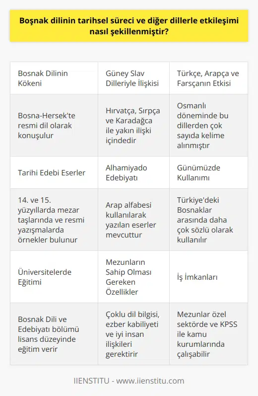 Boşnak Dilinin Tarihsel Süreç ve Diğer Dillerle Etkileşimi Boşnak dili, Bosna-Hersekte yaşayan ve resmi dil olarak kabul edilen Boşnakların temel dilidir. Tarihsel süreçte Boşnak dili, özellikle Hırvatça, Sırpça ve Karadağca olmak üzere diğer Güney Slav dilleriyle yakın ilişkiler içinde gelişmiştir. Bu dillerin hepsi, Sırp-Hırvat dilinin standart formu olarak kabul edilmektedir. Fakat Boşnak dilinin Hırvatça ve Sırpçadan ayrıştığı önemli bir alan bulunmaktadır: Boşnak diline Osmanlı döneminde Türkçe aracılığıyla giren Arapça, Farsça ve Türkçe kökenli kelimeler. Edebiyat ve Dil Özellikleri Boşnak dilinin tarihsel süreçteki edebi ve yazılı eserlerine bakıldığında, en önemli örnekler 14. ve 15. asırlarda mezar taşlarında ve Orta Çağ döneminde resmi yazışmalarda bulunmaktadır. Bu dönemde Boşnak dilinin özellikleri, Arap alfabesi kullanılarak alhamiyado edebiyatında da görülebilir. Türkiyede yaşayan Boşnaklar, ana dillerini genellikle sözlü olarak kullanmakta olup yazılı olarak kullanmak daha azdır. Eğitim ve Öğretim Boşnak dili ve edebiyatı bölümü, üniversitelerde lisans eğitimi olarak verilmekte olup bu bölümde öğrenciler Bosna-Hersek’in resmi dilini ve edebiyatı hakkında yetişirler. Bölümü tercih edecek öğrencilerin, birden fazla dil bilmek, ezber kabiliyetinin yüksek olması ve insan ilişkilerinde başarılı olması gibi özelliklere sahip olması beklenmektedir. Boşnak Dili ve Edebiyatı Bölümünden Mezunların İş İmkanları Boşnak dili ve edebiyatı bölümünden mezun olanlar, özel kurumlarda iş imkanına sahip olabileceği gibi, KPSS koşullarını yerine getirmek şartıyla kamu kuruluşlarında da iş bulabilirler. İş alanı olarak oldukça geniş kapsamlı sektörlerde çalışmakta olan bölüm mezunları, görevlerine göre farklı alanlarda bilgi ve beceri gösterebilmektedirler. Sonuç olarak, Boşnak dilinin tarihsel süreci boyunca Hırvatça, Sırpça gibi diğer Güney Slav dilleriyle yakın etkileşim içinde olmuş. Bunun yanı sıra, Türk, Arap ve Fars kökenli kelimelerin dahil edilmesiyle Boşnak dili, diğer dillerden ayrışarak kendine özgü bir karakter kazanmıştır.