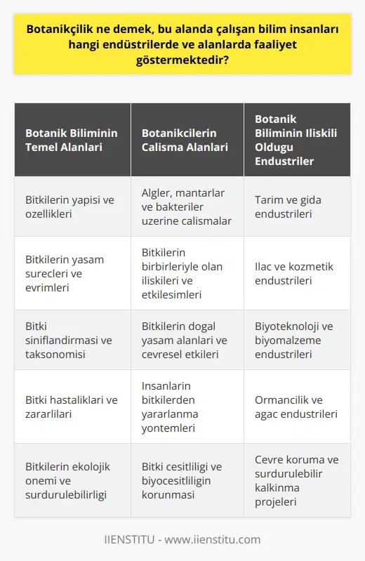 Botanikçilik, Temel Kavram ve Önemi  Botanikçilik, biyoloji dalında canlı organizmaların çalışılmasına yönelik bir bilim dalıdır. Yunancada botan kelimesinden türetilen ve bitki bilimini ifade eden botanik, dünya üzerinde bulunan bitki ve algler, likenler, eğrelti otları, mantarlar, yosunlar gibi bitki benzeri organizmaları incelemektedir. Dünyanın çoğu, oksijen, yiyecek ve diğer birçok ihtiyacı sağlayan bitki yaşamıyla kaplı olup botanistler de bu bitkiler üzerinde çalışmalar yapmaktadır.  Botanikçilerin Çalışma Alanları  Botanik bilimi, bitkilerin yapı, özellikler, yaşam süreçleri, sınıflandırma, hastalıklar, çevresel etkiler ve etkileşimler üzerine çalışmalar yapmaktadır. Botanik alanında çalışan bilim insanları, bitkilerin nasıl çalıştığını, birbirleriyle nasıl ilişkili olduklarını, nerede büyüdüklerini, insanların bitkilerden nasıl yararlandıklarını ve bitkilerin nasıl evrimleştiğini incelemektedirler. Bu doğrultuda, bitkiler üzerinde yapılan çalışmalar algler, mantarlar ve bakterilerle ilgili olabilir ve bitkilerin yaşamlarını araştırmalarda geniş bir yelpaze bulunmaktadır.  Bitkiler ve İnsan Hayatındaki Rolü  Bitkiler, insan yaşamının önemli unsurlarından biridir. Gerek doğrudan gıda sağlamak, gerekse soluduğumuz oksijeni üretmek gibi yaşamsal işlevlere sahiptirler. Bu nedenle, botanik bilim dalı projeleri insanlığın sürdürülebilir yaşamı ile doğrudan ilişkilidir ve bitki çeşitliliği, ekosistemlerin korunması ve yaşam kalitesinin arttırılmasında kritik öneme sahiptir.  Botanikçilik ve İlgili Endüstriler  Botanik bilimi, insanlar ve bitkiler arasındaki ilişkilere odaklanarak, birçok endüstri ve sektörde faaliyet göstermektedir. Özellikle, tarım, gıda, ilaç, kozmetik, biyoteknoloji, ormancılık gibi sektörlerde botanikçilik bilimsel araştırmalarla önemli katkılarda bulunmaktadır. Ayrıca, botanikçiler sürdürülebilir kalkınma, biyoçeşitlilik ve çevre koruma alanlarında çalışmalar yürüterek, doğal kaynakların yönetimi ve gelecek nesillere sağlıklı bir dünya bırakma hedefine katkıda bulunmaktadırlar.