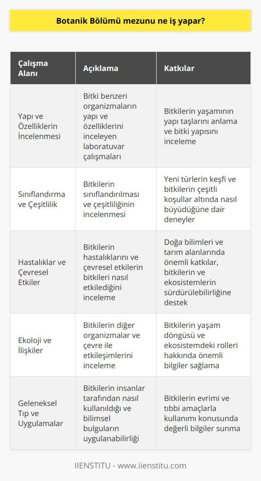 Botanik Bölümü Mezununun Çalışma Alanları  Botanik, canlı organizmaları inceleyen bir biyoloji dalı olarak, mezunlarının iş alanları oldukça geniş ve çeşitlidir. Öncelikle, botanik biliminde hangi alanlarda çalışmalar yapıldığını göz önünde bulundurarak cevaplamak daha uygun olacaktır.  **Yapı ve Özelliklerin İncelenmesi**  Botanik bölümü mezunları, bitki benzeri organizmaların yapı ve özelliklerini inceleyen laboratuvar çalışmalarında görev alabilirler. Moleküler kimya gibi araçlar kullanarak, bitki yaşamının yapı taşlarını anlamaya çalışarak bitkilerin yapısını inceleyen botanistler, bu alanda büyük katkı sağlamaktadır.  **Sınıflandırma ve Çeşitlilik**  Bitkilerin sınıflandırılması ve çeşitliliğinin incelenmesi, botanik bölümü mezunlarının önemli çalışma alanlarındandır. Yeni türlerin keşfi ve bitkilerin çeşitli koşullar altında nasıl büyüdüğüne dair deneyler ile bu alandaki bilgi birikimi sürekli güncellenmektedir.  **Hastalıklar ve Çevresel Etkiler**  Botanikçiler aynı zamanda bitkilerin hastalıklarını ve çevresel etkilerle nasıl etkileştiğini inceleyerek doğa bilimleri ve tarım alanlarında önemli katkılar sağlarlar. Bu çalışmalar, bitkilerin ve ekosistemlerin sürdürülebilirliğine önemli ölçüde katkıda bulunmaktadır.  **Ekoloji ve İlişkiler**  Ekoloji ile ilgilenen botanikçiler, bitkilerin diğer organizmalar ve çevre ile etkileşimlerini incelerler. Bu, bitkilerin yaşam döngüsü ve ekosistemdeki rolleri hakkında önemli bilgiler sağlar.  **Geleneksel Tıp ve Uygulamalar**  Botanik bölümü mezunları, bitkilerin insanlar tarafından nasıl kullanıldığı ve bu alanlardaki bilimsel bulguların uygulanabileceği geleneksel tıp uygulamalarında da önemli rol oynayabilirler. Bu alanda yapılan araştırmalar, bitkilerin nasıl evrimleştiği ve tıbbi amaçlarla nasıl kullanılabileceği konusunda değerli bilgiler sunar.  Sonuç olarak, botanik bölümü mezunları, bitkiler ve onların çevreyle olan ilişkileri hakkında sürekli yeni bilgiler elde etmek adına çalışmalarına devam eden önemli bilim insanlarıdır. Bu alanda yapılan çalışmalar, doğa bilimlerinde gerçekleştirilen araştırmalara, tarım ve ekosistem sürdürülebilirliğine, insan sağlığına katkı sağlamaya devam edecektir.