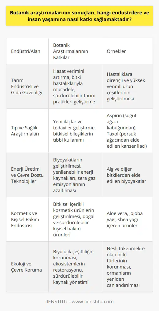 Botanik Araştırmalarının Sonuçları ve Katkıları  Botanik araştırmaları, bitki yaşamını anlamamızı geliştirerek birçok endüstriye ve insanlıkla etkileşimde bulunan bitkilere katkıda bulunur. Bu araştırmalar, hem endüstri seviyesinde hem de günlük yaşamımızda çeşitli uygulamaların temelini oluşturur.   Tarım Endüstrisi ve Gıda Güvenliği  Tarım endüstrisi, botanikten en büyük ölçüde yararlanan endüstrilerden biridir. Anlaşılan bitki biyolojisi, hasat verimini artırmak ve bitkisel hastalıklarla mücadele etmek için kullanılır. Bunun da ötesinde, gıda güvenliği ve sürdürülebilir tarım pratikleri geliştirmek için de önemlidir.  Tıp ve Sağlık Araştırmaları  Botanik, yetmişlik tıp ve modern ilaçların temeli olmuştur. Bitkilerden elde edilen bileşiklerin çeşitli hastalıkların tedavisinde etkili olduğu gözlemlenmiştir. Bu tür keşifler, yeni ilaçlar ve tedaviler geliştirmek için farmasötik endüstrisine önemli bir katkı sağlamıştır.   Enerji Üretimi ve Çevre Dostu Teknolojiler  Botanik, çevresel sürdürülebilirlik ve yenilenebilir enerji üretimini ilerletme kapasitesiyle de önemlidir. Örneğin, bitki biliminde yapılan araştırmalar, biyoyakıtların geliştirilmesinde oldukça etkilidir. Bu enerji kaynakları, fosil yakıtların yerini alabilir ve sera gazı emisyonlarını azaltabilir.  Botanik, İnsan Yaşamına Olan Katkıları  Botanik çalışmaları, insan yaşamına doğrudan ve dolaylı pek çok katkı sağlar. Bitki biliminin derinleşen anlayışı, bitkilerle daha etkili ve sürdürülebilir şekillerde etkileşime girmemizi sağlar. Bu, bitkilerden daha fazla faydalanmayı ve onları daha etkili şekilde korumayı mümkün kılar.  Sonuç olarak, botanik bilimi ve araştırmaları; tarım, sağlık, enerji ve çevre sektörleri başta olmak üzere birçok endüstride belirleyicidir. Aynı zamanda, insanların öğrendiği bilgilerle, bitkiler ve doğa ile daha uyumlu ve sürdürülebilir bir etkileşim geliştirmeleri sağlamaktadır.