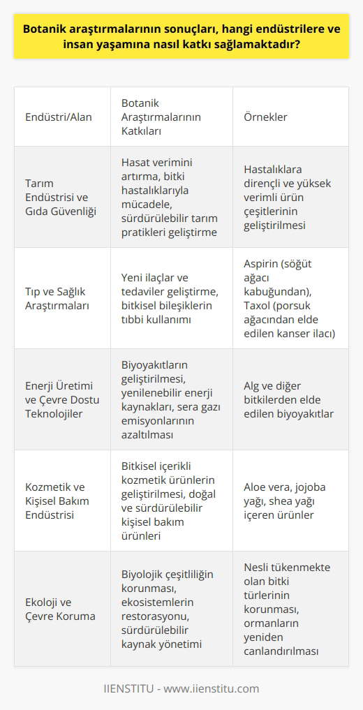 Botanik Araştırmalarının Sonuçları ve Katkıları Botanik araştırmaları, bitki yaşamını anlamamızı geliştirerek birçok endüstriye ve insanlıkla etkileşimde bulunan bitkilere katkıda bulunur. Bu araştırmalar, hem endüstri seviyesinde hem de günlük yaşamımızda çeşitli uygulamaların temelini oluşturur. Tarım Endüstrisi ve Gıda Güvenliği Tarım endüstrisi, botanikten en büyük ölçüde yararlanan endüstrilerden biridir. Anlaşılan bitki biyolojisi, hasat verimini artırmak ve bitkisel hastalıklarla mücadele etmek için kullanılır. Bunun da ötesinde, gıda güvenliği ve sürdürülebilir tarım pratikleri geliştirmek için de önemlidir. Tıp ve Sağlık Araştırmaları Botanik, yetmişlik tıp ve modern ilaçların temeli olmuştur. Bitkilerden elde edilen bileşiklerin çeşitli hastalıkların tedavisinde etkili olduğu gözlemlenmiştir. Bu tür keşifler, yeni ilaçlar ve tedaviler geliştirmek için farmasötik endüstrisine önemli bir katkı sağlamıştır. Enerji Üretimi ve Çevre Dostu Teknolojiler Botanik, çevresel sürdürülebilirlik ve yenilenebilir enerji üretimini ilerletme kapasitesiyle de önemlidir. Örneğin, bitki biliminde yapılan araştırmalar, biyoyakıtların geliştirilmesinde oldukça etkilidir. Bu enerji kaynakları, fosil yakıtların yerini alabilir ve sera gazı emisyonlarını azaltabilir. Botanik, İnsan Yaşamına Olan Katkıları Botanik çalışmaları, insan yaşamına doğrudan ve dolaylı pek çok katkı sağlar. Bitki biliminin derinleşen anlayışı, bitkilerle daha etkili ve sürdürülebilir şekillerde etkileşime girmemizi sağlar. Bu, bitkilerden daha fazla faydalanmayı ve onları daha etkili şekilde korumayı mümkün kılar. Sonuç olarak, botanik bilimi ve araştırmaları; tarım, sağlık, enerji ve çevre sektörleri başta olmak üzere birçok endüstride belirleyicidir. Aynı zamanda, insanların öğrendiği bilgilerle, bitkiler ve doğa ile daha uyumlu ve sürdürülebilir bir etkileşim geliştirmeleri sağlamaktadır.