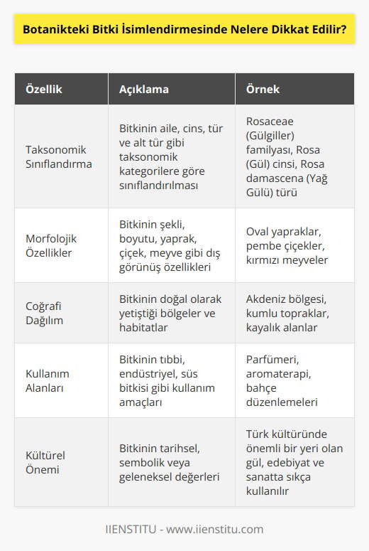 1. Bitkinin özellikleri, yani türü, cinsi, çeşidi veya taksonomik grup. 2. Bitkinin biyoçeşitliliği ile ilgili özellikleri. 3. Bitkinin çevresi ile ilgili özellikleri. 4. Bitkinin türünün yöresel adı. 5. Bitkinin tarihsel sınıflandırması. 6. Bitkinin çok farklı isimleri. 7. Bitkinin sıcaklık, nem, ışık, toprak ve diğer çevresel faktörleri ile ilgili özellikleri. 8. Bitkinin besin kaynakları veya çevresel etkileri. 9. Bitkinin ekoloj . 10. Bitkinin genetik özellikleri.