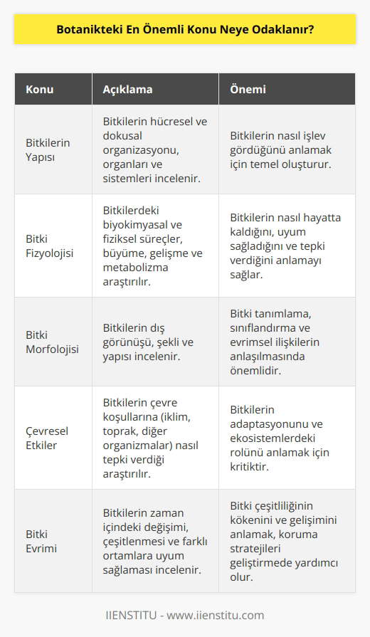 Botanikteki en önemli konu bitkilerin yapısı, fizyolojisi, morfolojisi, çevresel etkileri ve evrimi ile ilgilidir. Botanikçiler, bitkilerin üretiminin nasıl optimize edilebileceğini, bitkilerin nasıl korunabileceğini ve bitkilerin çeşitliliğini nasıl artırılabileceğini anlamaya çalışırlar. Botanikçiler, bitkileri kültürümüz, tıp ve diğer alanlarda kullanmamızı sağlayan önemli bilgileri de keşfetmeye çalışırlar.