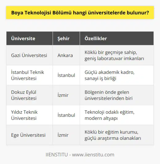 Türkiyede Boya   si Bölümü bulunan üniversiteler arasında Gazi Üniversitesi, İstanbul Teknik Üniversitesi, Dokuz Eylül Üniversitesi, İstanbul Üniversitesi, Uludağ Üniversitesi, Ege Üniversitesi, Karadeniz Teknik Üniversitesi, Yıldız Teknik Üniversitesi, Marmara Üniversitesi ve Çukurova Üniversitesi sayılabilir.