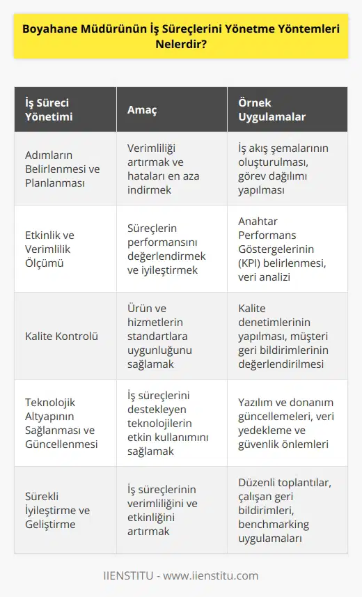 1. İş süreçlerinin adımlarını belirlemek ve planlamak. 2. İş süreçlerinin etkinliğini ve verimliliğini ölçmek. 3. İş süreçlerinin kalitesini ölçmek. 4. İş süreçlerine uygun teknolojik altyapının sağlanması ve güncel tutulması. 5. İş süreçlerinin yürütülmesi için gerekli kaynakların sağlanması ve yönetilmesi. 6. İş süreçlerinin güvenilirliği ve gizliliği sağlamak. 7. İş süreçlerine uygun iş güvenliği uygulamalarının takip edilmesi. 8. İş süreçlerinin karşılaşılan sorunların çözümlenmesi ve önlenmesi. 9. İş süreçlerinin geliştirilmesi ve iyileştirilmesi. 10. İş süreçlerinin kontrol edilmesi ve izlenmesi.