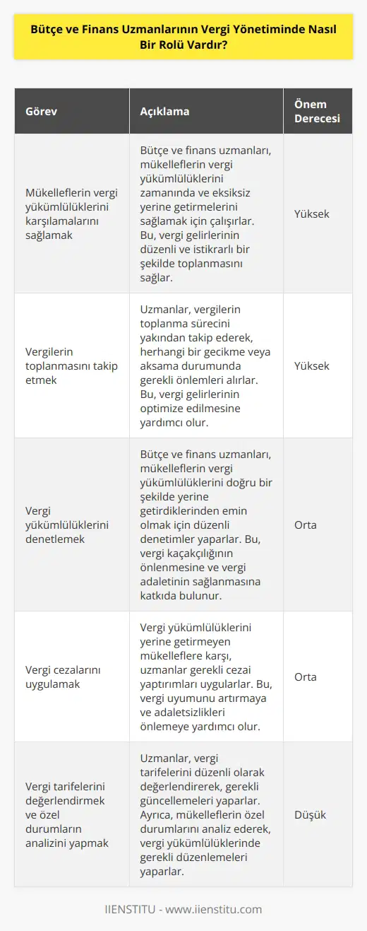 Bütçe ve finans uzmanları vergi yönetiminde çeşitli görevler üstlenir. Bunlar arasında mükelleflerin vergi yükümlülüklerini karşılamalarını sağlamak, vergilerin toplanmasını takip etmek, vergi yükümlülüklerini denetlemek, vergi cezalarını uygulamak ve ödemeleri yönetmek sayılabilir. Bütçe ve finans uzmanları ayrıca vergi tarifelerini değerlendirmek, vergi yükümlülükleriyle ilgili özel durumların analizini yapmak ve vergi düzenlemelerini uygulamak için de önemli bir rol oynarlar.