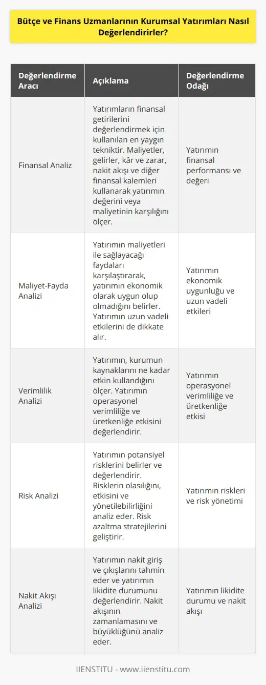 Bütçe ve finans uzmanları, kurumsal yatırımları değerlendirmek için bir dizi araç ve strateji kullanırlar. Bunlar arasında, finansal analiz, maliyet-fayda analizi, verimlilik analizi, risk analizi ve nakit akışı analizi sayılabilir. Finansal analiz, yatırımların finansal getirilerini değerlendirmek için kullanılan en yaygın tekniktir. Finansal analiz, maliyetler, gelirler, kar ve zarar, nakit akışı ve diğer finansal kalemleri kullanarak, yatırımın değerini veya maliyetinin karşılığını ölçer. Diğer stratejiler de, kurumsal yatırımların mevcut ve gelecekteki performansını veya risklerini değerlendirmek için kullanılır.