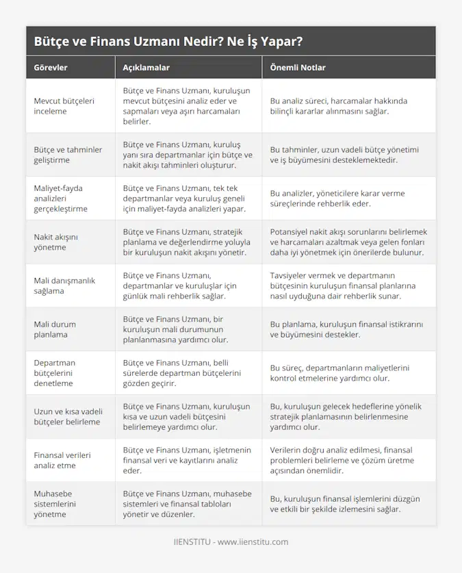 Mevcut bütçeleri inceleme, Bütçe ve Finans Uzmanı, kuruluşun mevcut bütçesini analiz eder ve sapmaları veya aşırı harcamaları belirler, Bu analiz süreci, harcamalar hakkında bilinçli kararlar alınmasını sağlar, Bütçe ve tahminler geliştirme, Bütçe ve Finans Uzmanı, kuruluş yanı sıra departmanlar için bütçe ve nakit akışı tahminleri oluşturur, Bu tahminler, uzun vadeli bütçe yönetimi ve iş büyümesini desteklemektedir, Maliyet-fayda analizleri gerçekleştirme, Bütçe ve Finans Uzmanı, tek tek departmanlar veya kuruluş geneli için maliyet-fayda analizleri yapar, Bu analizler, yöneticilere karar verme süreçlerinde rehberlik eder, Nakit akışını yönetme, Bütçe ve Finans Uzmanı, stratejik planlama ve değerlendirme yoluyla bir kuruluşun nakit akışını yönetir, Potansiyel nakit akışı sorunlarını belirlemek ve harcamaları azaltmak veya gelen fonları daha iyi yönetmek için önerilerde bulunur, Mali danışmanlık sağlama, Bütçe ve Finans Uzmanı, departmanlar ve kuruluşlar için günlük mali rehberlik sağlar, Tavsiyeler vermek ve departmanın bütçesinin kuruluşun finansal planlarına nasıl uyduğuna dair rehberlik sunar, Mali durum planlama, Bütçe ve Finans Uzmanı, bir kuruluşun mali durumunun planlanmasına yardımcı olur, Bu planlama, kuruluşun finansal istikrarını ve büyümesini destekler, Departman bütçelerini denetleme, Bütçe ve Finans Uzmanı, belli sürelerde departman bütçelerini gözden geçirir, Bu süreç, departmanların maliyetlerini kontrol etmelerine yardımcı olur, Uzun ve kısa vadeli bütçeler belirleme, Bütçe ve Finans Uzmanı, kuruluşun kısa ve uzun vadeli bütçesini belirlemeye yardımcı olur, Bu, kuruluşun gelecek hedeflerine yönelik stratejik planlamasının belirlenmesine yardımcı olur, Finansal verileri analiz etme, Bütçe ve Finans Uzmanı, işletmenin finansal veri ve kayıtlarını analiz eder, Verilerin doğru analiz edilmesi, finansal problemleri belirleme ve çözüm üretme açısından önemlidir, Muhasebe sistemlerini yönetme, Bütçe ve Finans Uzmanı, muhasebe sistemleri ve finansal tabloları yönetir ve düzenler, Bu, kuruluşun finansal işlemlerini düzgün ve etkili bir şekilde izlemesini sağlar