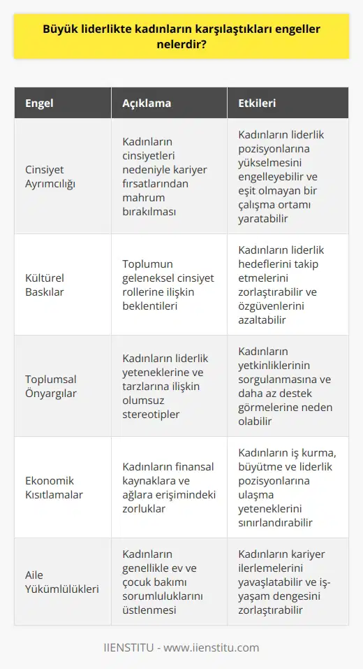 Kadınlar, büyük liderlikte karşılaştıkları engeller arasında çoğu zaman cinsiyet ayrımcılığı, kültürel baskılar, toplumsal önyargılar, ekonomik kısıtlamalar, aile yükümlülükleri ve erkek egemen toplum yapılarını sayabiliriz. Kadınların kariyerlerinde ilerlemesi, büyük liderlikteki başarılarının önündeki engeller olarak bunların hepsini aşmaları gerekmektedir.