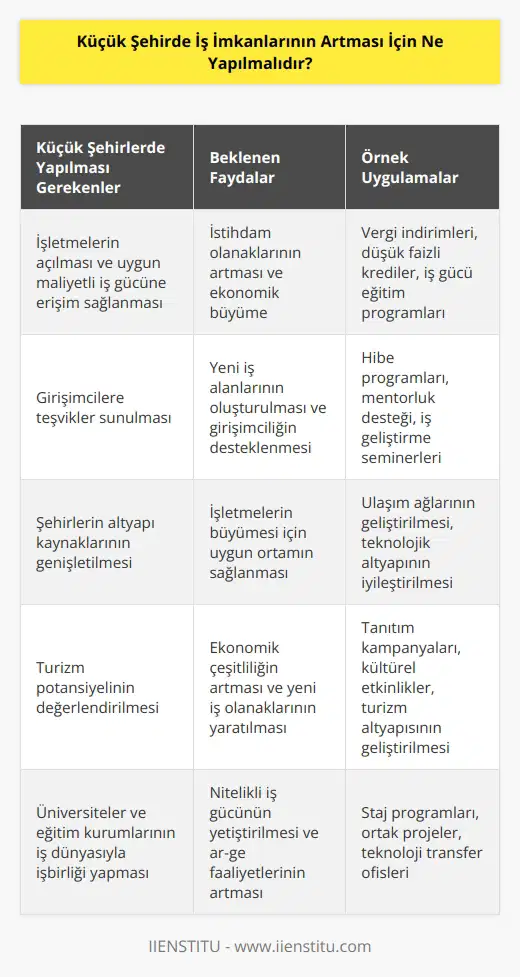 Küçük şehirlerin iş imkanlarının artması için öncelikle iş alanındaki üretimin artırılması gerekiyor. İşletmeler küçük şehirlerde açılmalı ve uygun maliyetli iş gücüne erişim sağlanmalı. Girişimcilerin küçük şehirlerde faaliyet göstermelerini sağlayacak teşvikler uygulanmalı. İşletmelerin iş imkanlarının artması için şehirlerinlik kaynaklarının genişletilmesi konusunda da çalışmalar yapılmalı. Küçük şehirlerin ekonomisine katkıda bulunmak için üretimin artırılması için, küçük şehirlerde yatırım ve yatırımcıların desteklenmesi gerekiyor. Şehirlerinin sahip olduğu özellikleri vurgulayarak, küçük şehirlerin turizm potansiyelini değerlendirmeleri sağlanmalı. Küçük şehirlerin ekonomik kalkınmaya katkıda bulunması için, üniversitelerin bu konuda çalışmalar yapması ve eğitim kurumlarının iş dünyasıyla işbirliği yapması önemlidir.