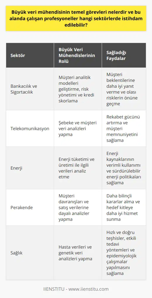 Büyük Veri   lerinin Temel Görevleri  Büyük veri lerinin temel görevleri arasında veri kaynaklarının entegrasyonu, verinin ön işleme süreçlerinin yönetilmesi, verilere dayalı analitik modellerin geliştirilmesi ve bu modellerin iş süreçlerine entegre edilerek değer yaratılması bulunmaktadır. Veri leri, veri analitiği ve makine öğrenmesi gibi alanlarda çalışmalar yaparak, büyük verinin doğru kullanımı ve etkili analizlerle iş süreçlerine katkı sağlamaktadırlar.  Büyük Veri lerinin İstihdam Edilebileceği Sektörler  Büyük veri leri, çeşitli sektörlerde istihdam edilebilir. Bu sektörlerin başında, bankacılık, sigortacılık, telekomünikasyon, enerji,    ve sağlık gibi büyük miktarda veri üreten ve işleyen alanlar gelmektedir. Ayrıca kamu sektörü, sivil toplum örgütleri ve akademik çevrelerde de büyük veri mühendislerine duyulan ihtiyaç artmaktadır.     Sektöründe Büyük Veri Mühendisleri   sektörlerinde büyük veri mühendisleri, müşteri analitik modelleri geliştirerek, risk yönetimi ve kredi skorlama gibi alanlarda etkin çözümler sunmaktadırlar. Bu sayede sektör, müşteri beklentilerine daha iyi yanıt verebilir ve olası risklerin önüne geçebilir.  Telekomünikasyon Sektöründe Büyük Veri Mühendisleri  Telekomünikasyon sektöründe büyük veri mühendisleri, şebeke ve müşteri veri analizlerini yaparak, işletmelerin operasyonel ve pazarlama stratejilerini geliştirmelerine destek olmaktadırlar. Bu sayede şirketler, rekabet gücünü artırarak müşteri memnuniyetini sağlayabilecektir.  Enerji Sektöründe Büyük Veri Mühendisleri  Enerji sektöründe büyük veri mühendisleri, enerji tüketimi ve üretimi ile ilgili verileri analiz ederek, enerji yönetimi ve tasarrufu konusunda    çözümler geliştirmektedirler. Bu analizler sayesinde, enerji kaynaklarının verimli kullanımı ve sürdürülebilir enerji politikaları sağlanmaktadır.  Perakende Sektöründe Büyük Veri Mühendisleri  Perakende sektöründe büyük veri mühendisleri, müşteri davranışları ve satış verilerine dayalı analizler yaparak, işletmelerin pazarlama ve ürün stratejilerini belirlemelerine yardımcı olmaktadırlar. Bu sayede işletmeler, daha bilinçli kararlar alabilir ve hedef kitlelerine daha iyi hizmet sunabilirler.  Sağlık Sektöründe Büyük Veri Mühendisleri  Sağlık sektöründe büyük veri mühendisleri, hasta verileri ve genetik veri analizleri yaparak, hızlı ve doğru teşhisler, etkili tedavi yöntemleri ve epidemiyolojik çalışmalar yapılmasını sağlamaktadırlar. Bu çalışmalar, sağlık sektöründe nitelikli hizmetlerin sunulmasına ve sağlık politikalarının belirlenmesine katkı sağlamaktadır.