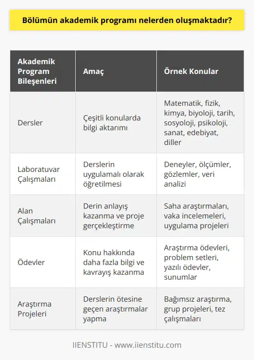 Akademik program genellikle dersler, laboratuvar çalışmaları, alan çalışmaları, ödevler, araştırma projeleri ve tüm bu etkinlikleri yönlendiren akademik kurallar ve standartlar içerir. Dersler aynı zamanda konularının çeşitli konulara yayılmasını da içerir, örneğin matematik, fizik, kimya, biyoloji, tarih, sosyoloji, psikoloji, sanat, edebiyat veya diller gibi. Laboratuvar çalışmaları akademik programın bir parçası olarak kullanılır ve öğrencilerin çalışmalarını ve dersleri uygulamalarını öğretmek için kullanılır. Alan çalışmaları genellikle öğrencilerin bir konu hakkında daha derin anlayış kazanmalarını veya konuyla ilgili bir proje gerçekleştirmelerini sağlamak için uygulanır. Ödevler akademik programın bir parçası olarak kullanılır ve öğrencilerin konu hakkında daha fazla bilgi ve kavrayış kazanmalarını sağlamak için kullanılır. Araştırma projeleri de öğrencilerin konular hakkında daha fazla araştırma yapmalarını ve derslerin öğretildiği konuların ötesine geçmelerini sağlamak için kullanılır. Akademik kurallar ve standartlar derslerin işlenmesi ve öğrencilerin öğrenme süreçlerinin kontrol altında tutulması için uygulanır.