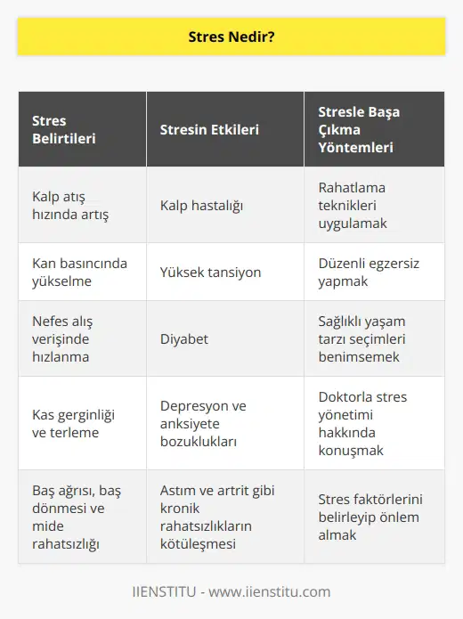 Stres, duygusal veya fiziksel gerginlik hissidir. Sizi sinirli, öfkeli veya gergin hissettiren herhangi bir olay veya düşünceden kaynaklanabilir. Stres, vücudunuzun bir zorluğa veya talebe verdiği tepkidir. Kısacası, çok fazla baskıya verilen bir  aşınma ve yıpranma  tepkisidir. Çok fazla stres ciddi sağlık sorunlarına yol açabilir. Vücudunuzu sağlıklı tutmak için stresi nasıl yöneteceğinizi öğrenmek önemlidir. Stresli olduğunuzda kalp atış hızınız artar, kan basıncınız yükselir ve nefes alış verişiniz hızlanır. Kaslarınız gerilir ve terlemeye başlayabilirsiniz. Ayrıca baş ağrısı, baş dönmesi veya mide rahatsızlığı da yaşayabilirsiniz. Sürekli stres altındaysanız, uyumakta, konsantre olmakta veya duygularınızı kontrol etmekte zorlanabilirsiniz. Ayrıca hata yapma veya kaza geçirme olasılığınız daha yüksek olabilir. Stresinizi yönetemezseniz, kalp hastalığı, yüksek tansiyon, diyabet, depresyon, anksiyete bozuklukları ve diğer hastalıklar gibi sağlık sorunlarına yol açabilir. Stres ayrıca astım ve artrit gibi kronik rahatsızlıkları da kötüleştirebilir. Stresi nasıl yöneteceğinizi öğrenmek kendinizi daha iyi hissetmenize ve sağlıklı kalmanıza yardımcı olabilir. Bunu yapmanın rahatlama teknikleri, egzersiz ve iyi yaşam tarzı seçimleri gibi birçok farklı yolu vardır. Sizin için neyin en iyi olabileceği konusunda doktorunuzla konuşun.